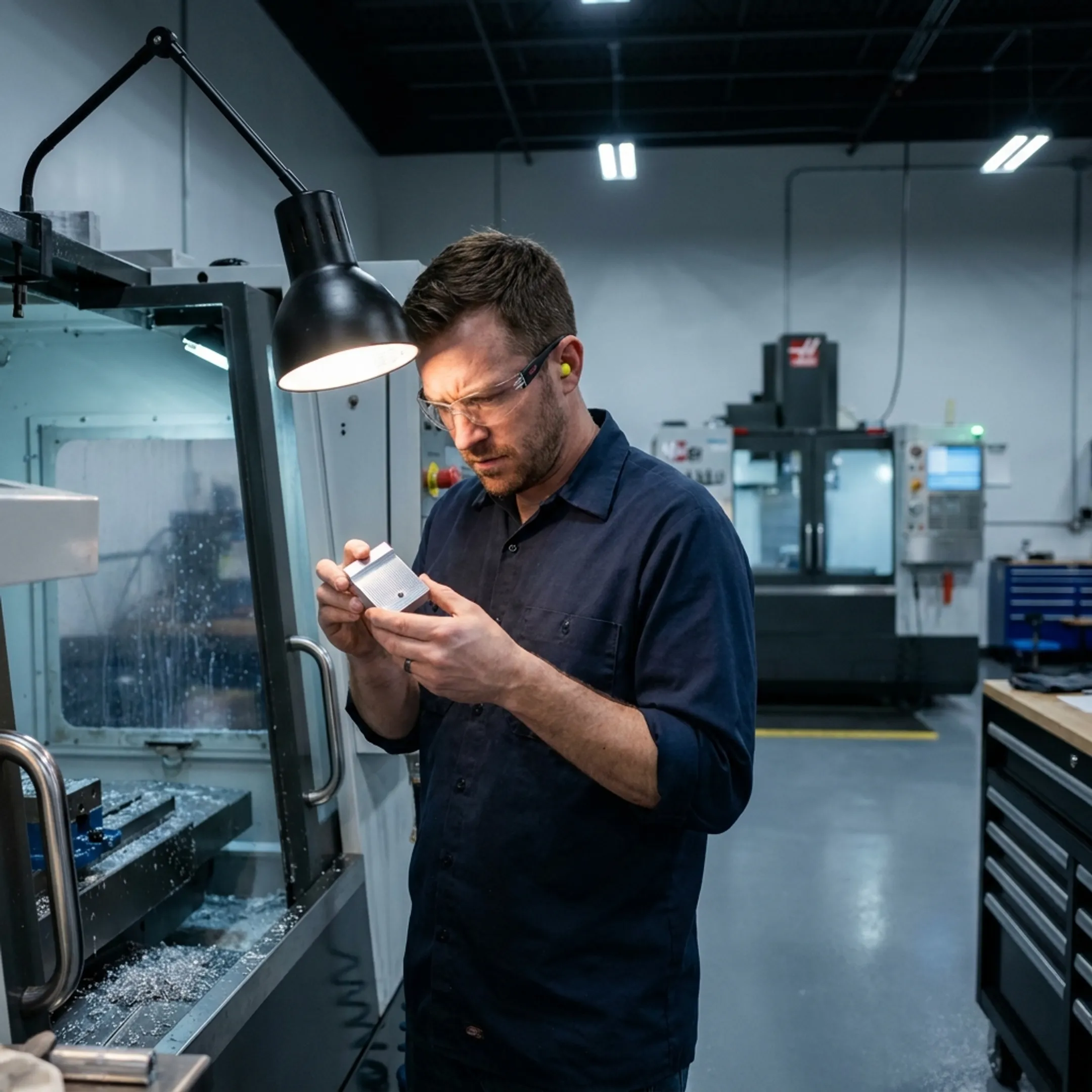 Machined prototype component inspected by a technician