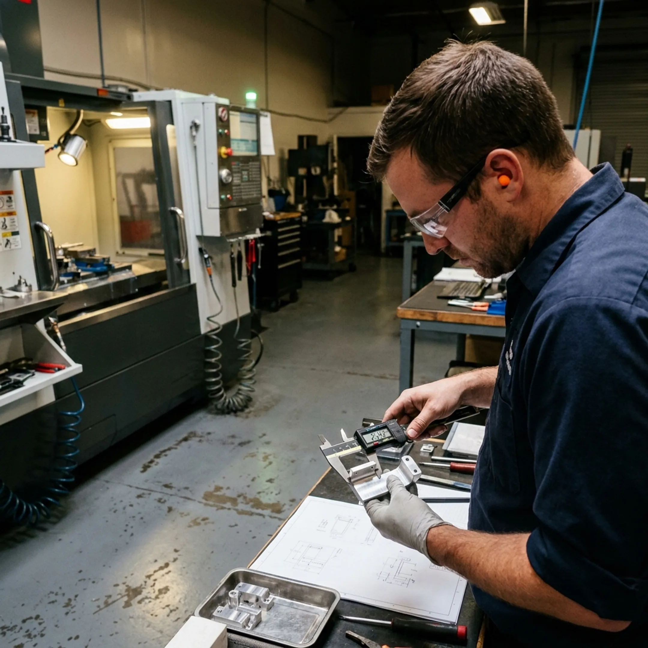 Technician inspecting a machined component