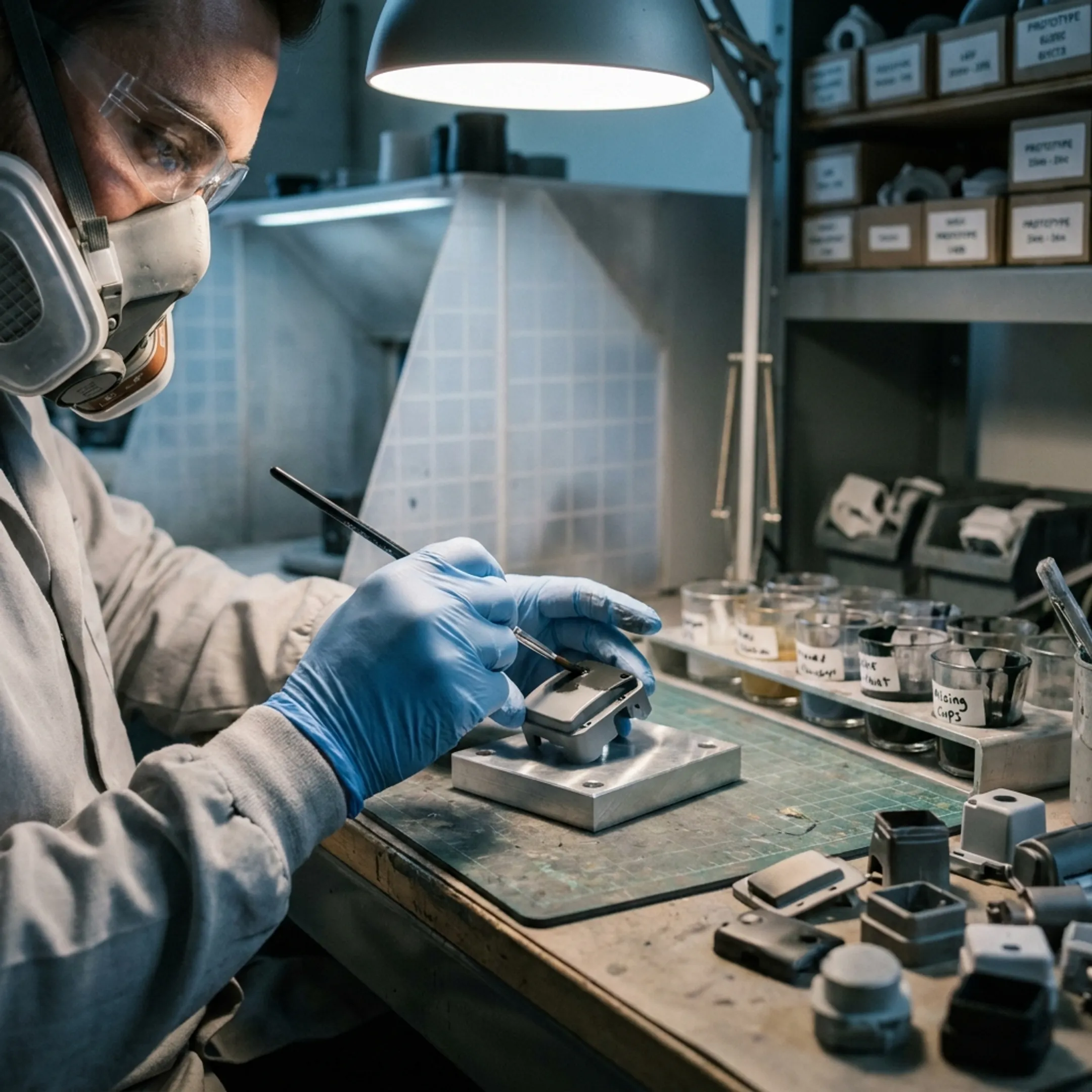 Technician applying a refined finish to a product prototype