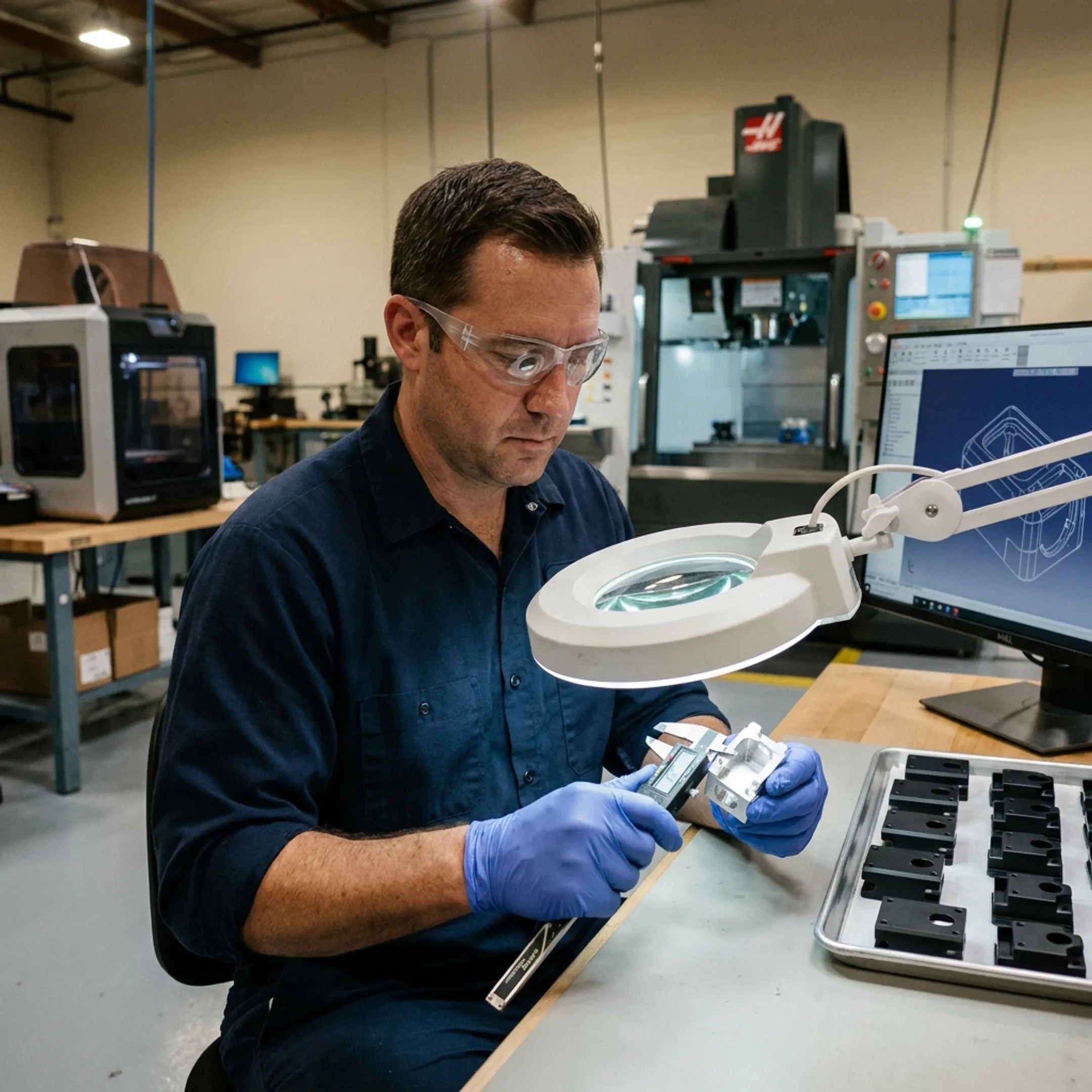 Technician examining a precision manufactured defense component