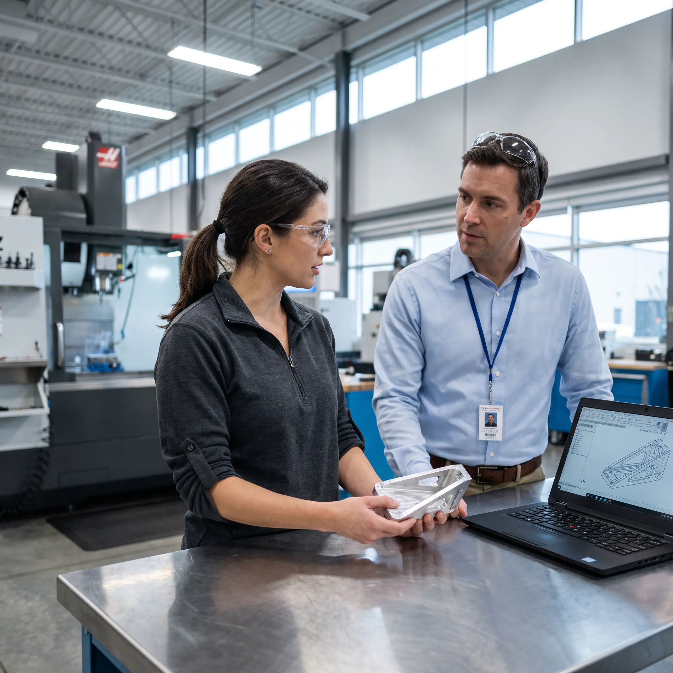 Defense and aerospace component manufacturing team reviewing precision prototype parts