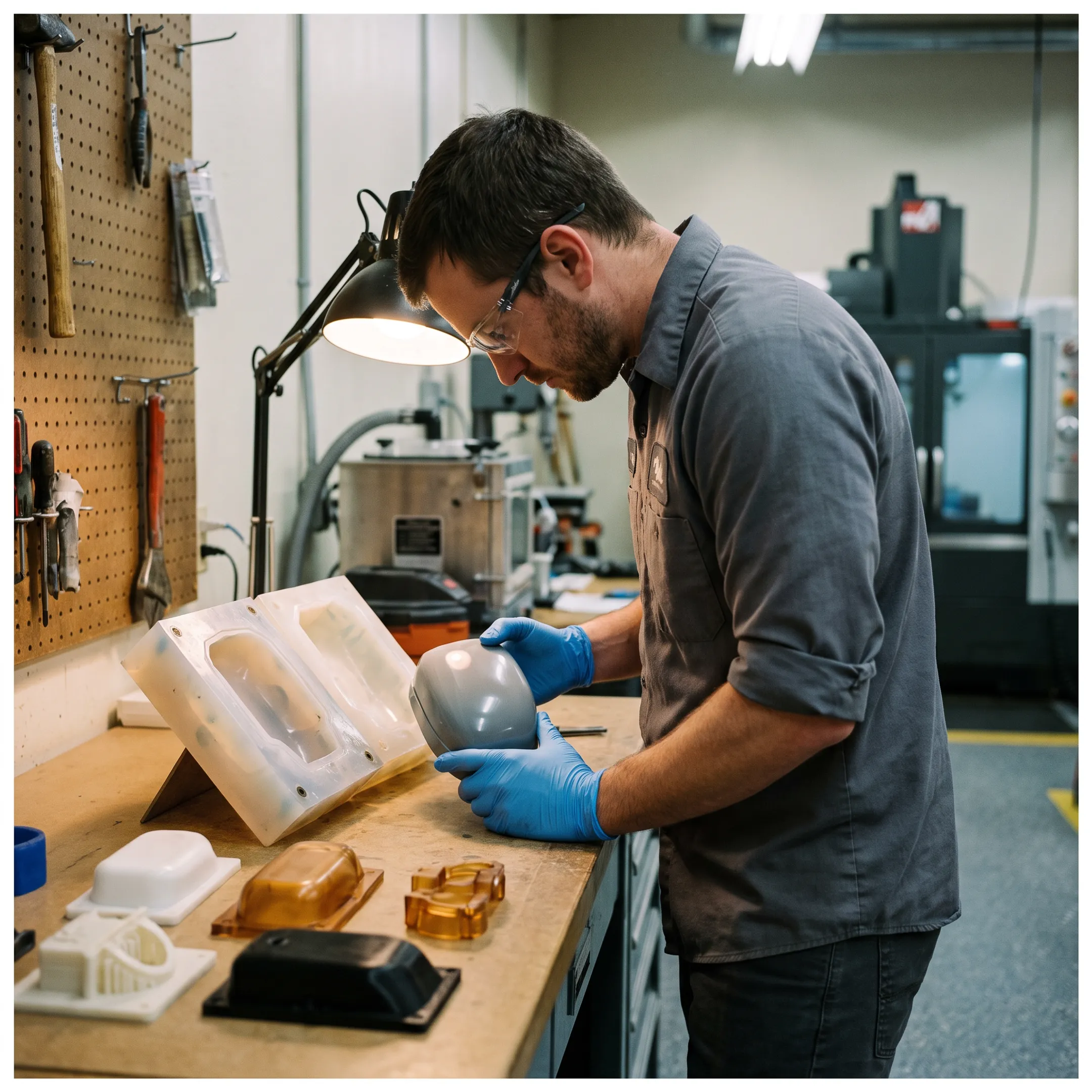 Technician inspecting a custom urethane cast part