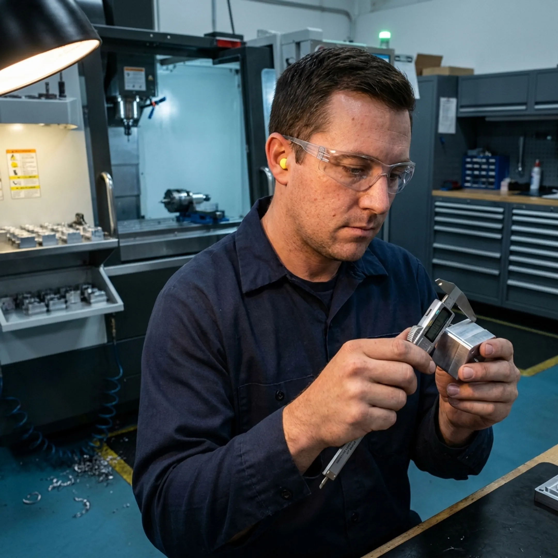 Technician reviewing a machined mold component beside CNC equipment
