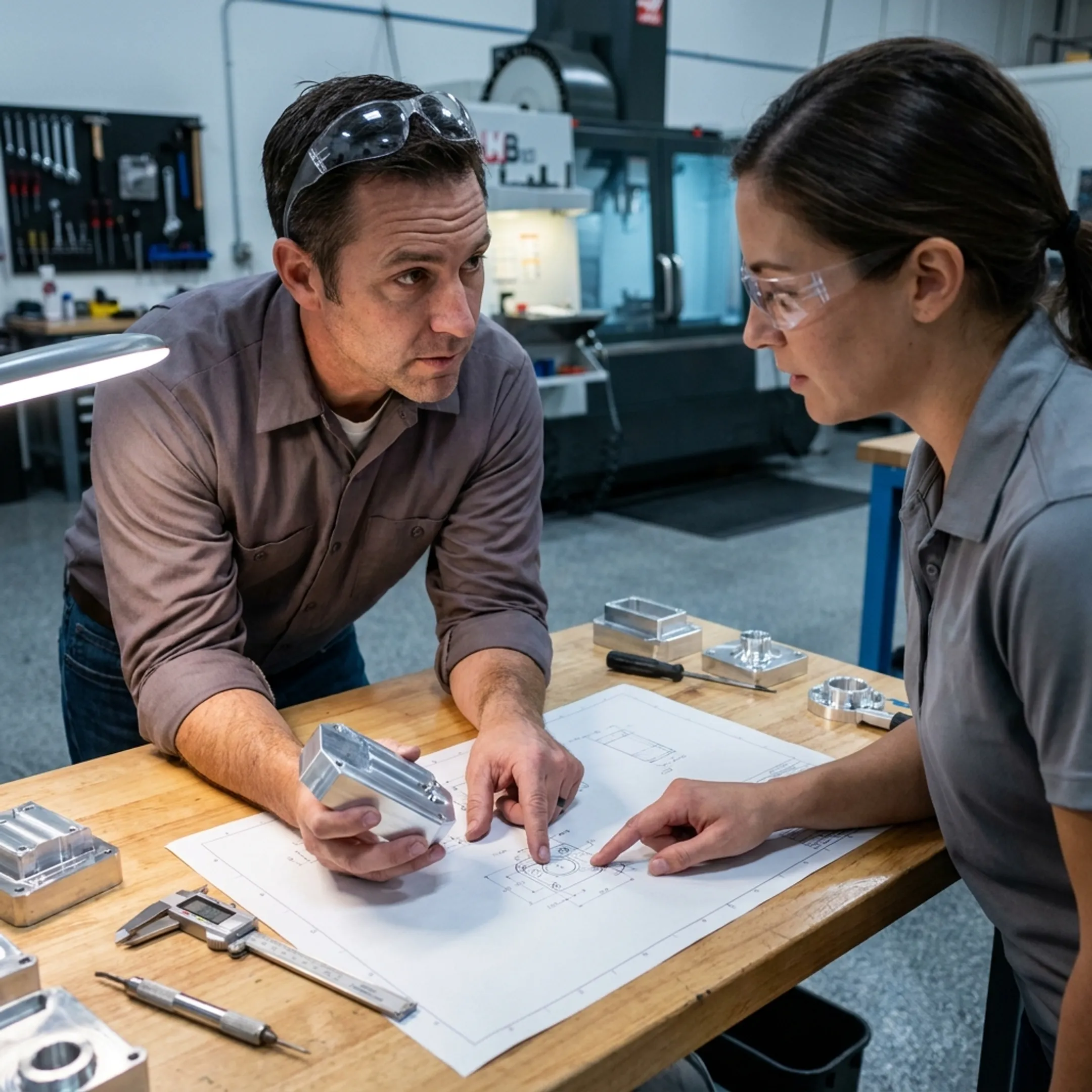 Engineer reviewing a machined prototype component