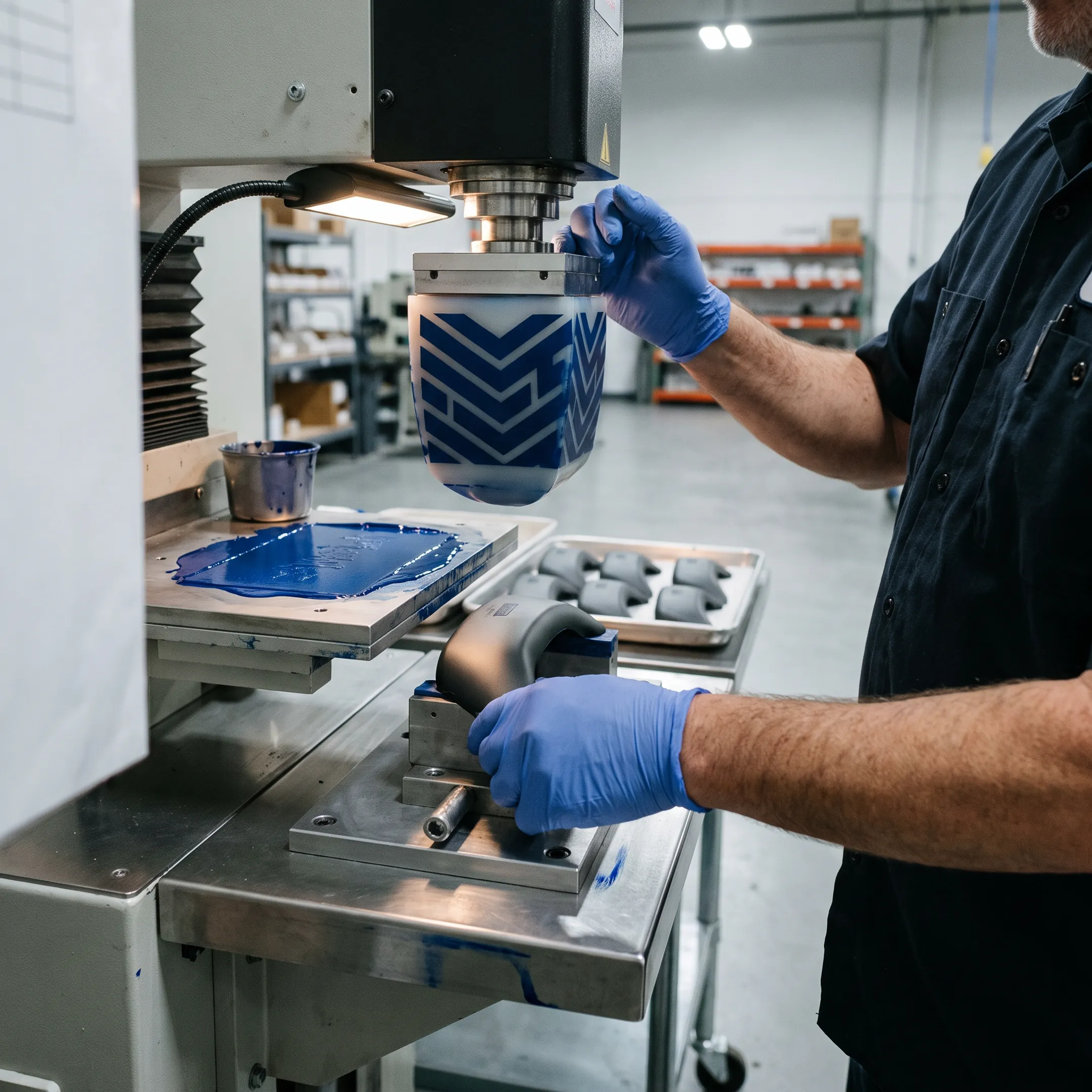 Technician applying a custom graphic to a molded product component