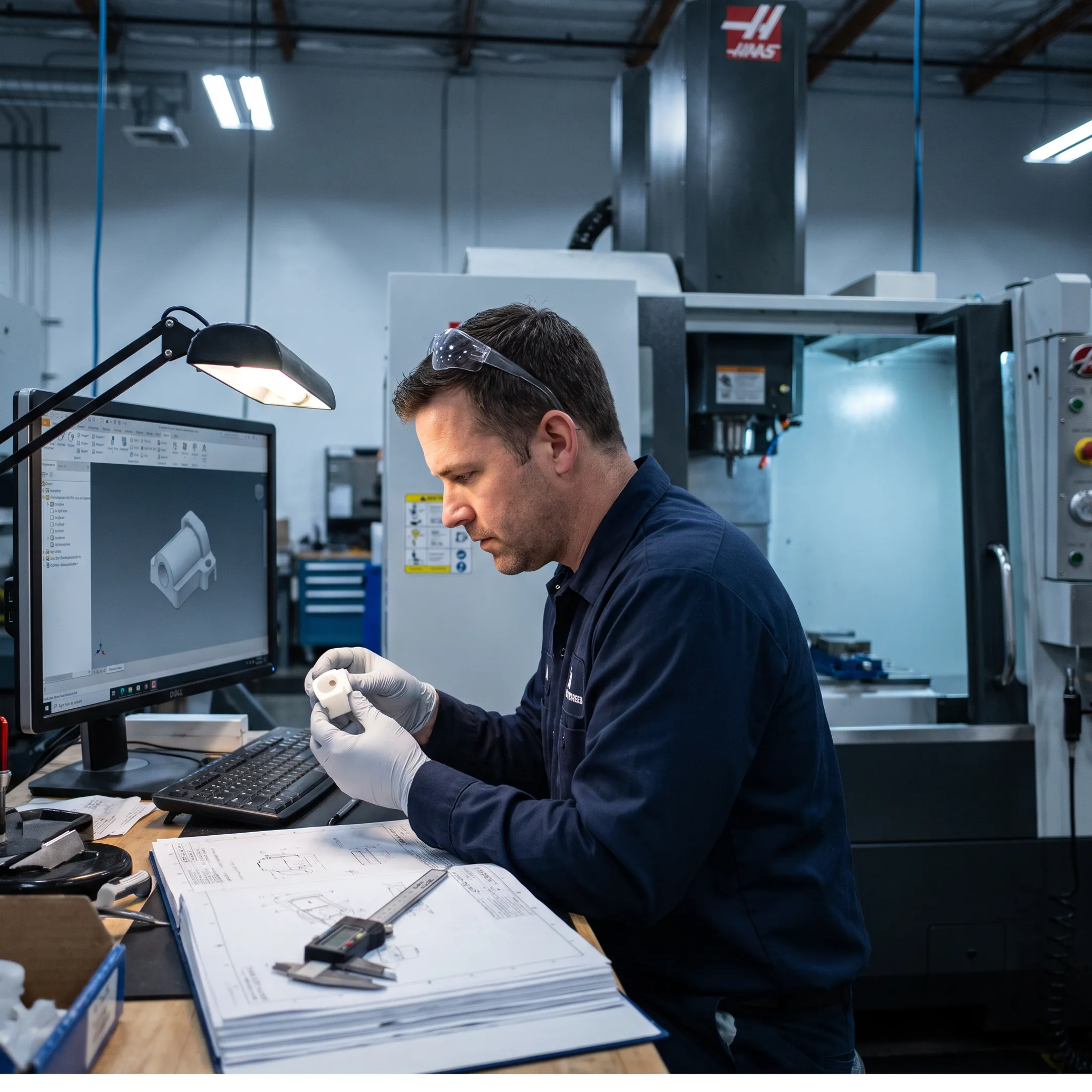 Engineer reviewing a machined medical plastic prototype
