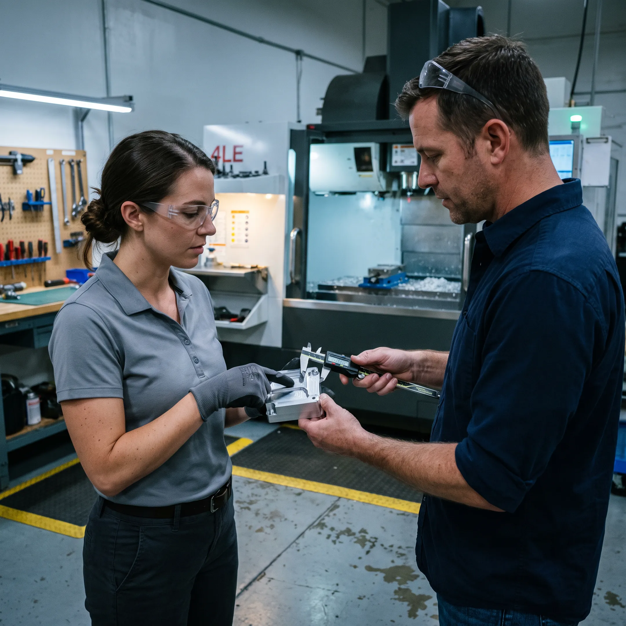 Engineer reviewing a custom manufactured component beside production equipment