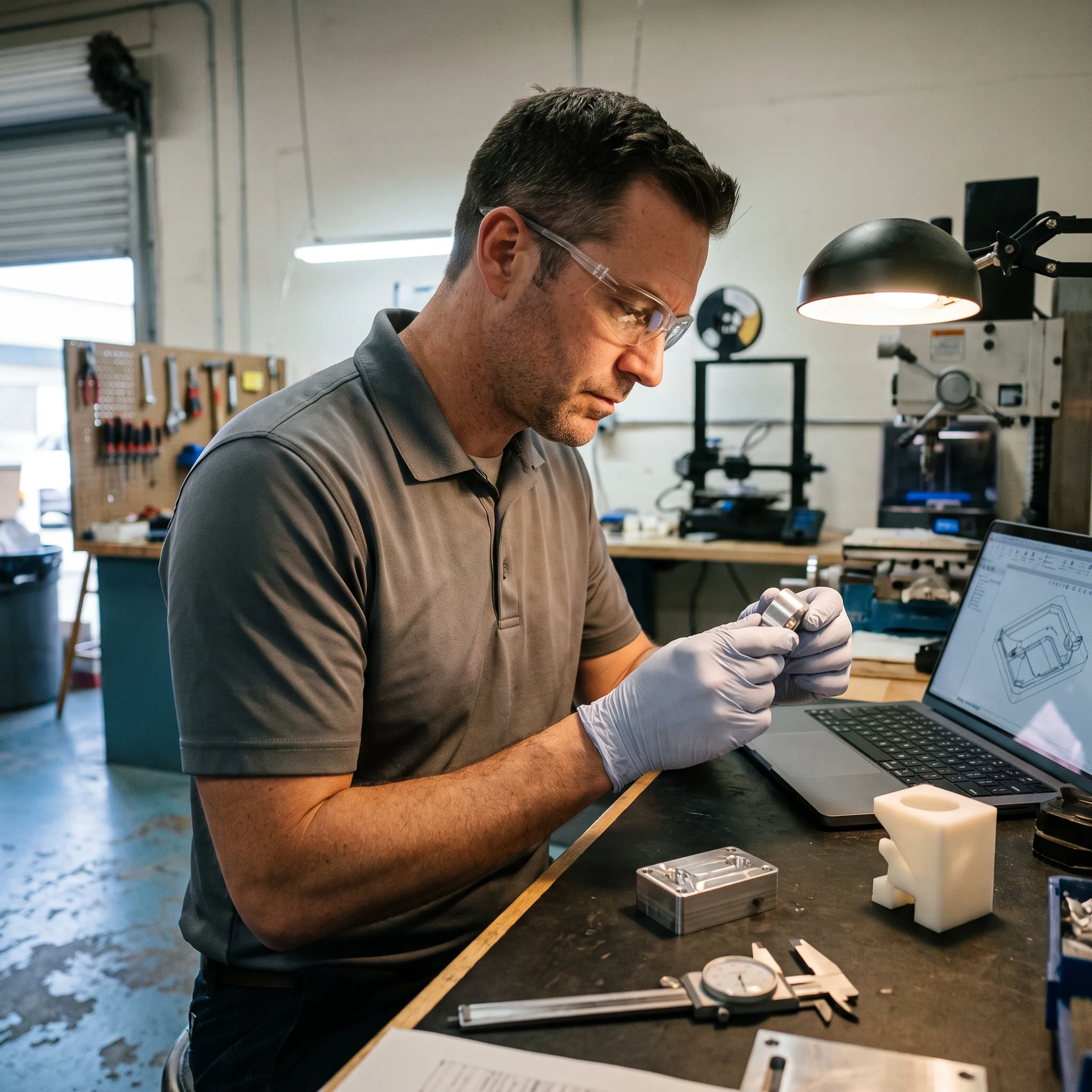 Manufacturing specialist inspecting a finished custom component