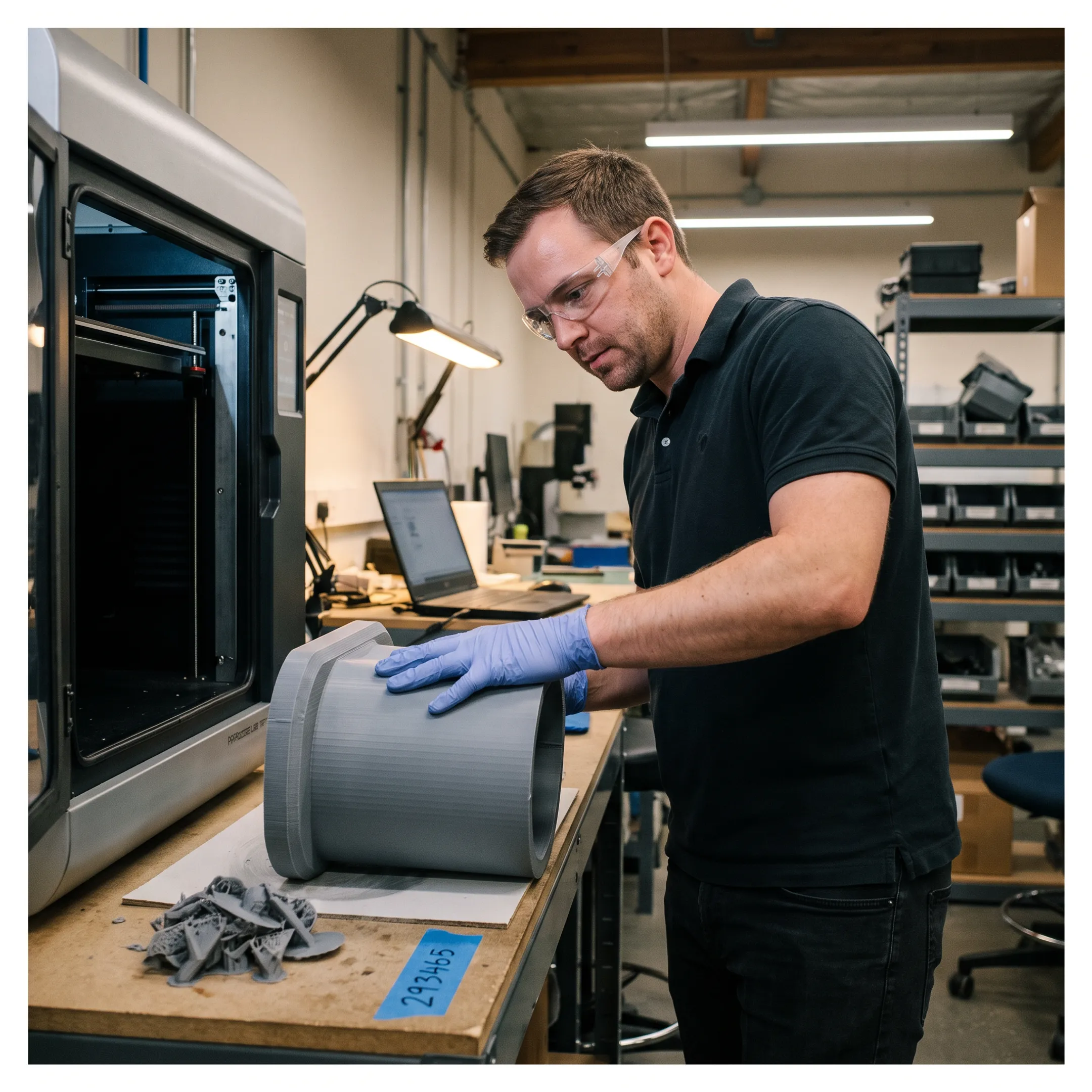 Technician inspecting a large FDM printed prototype beside a 3D printer