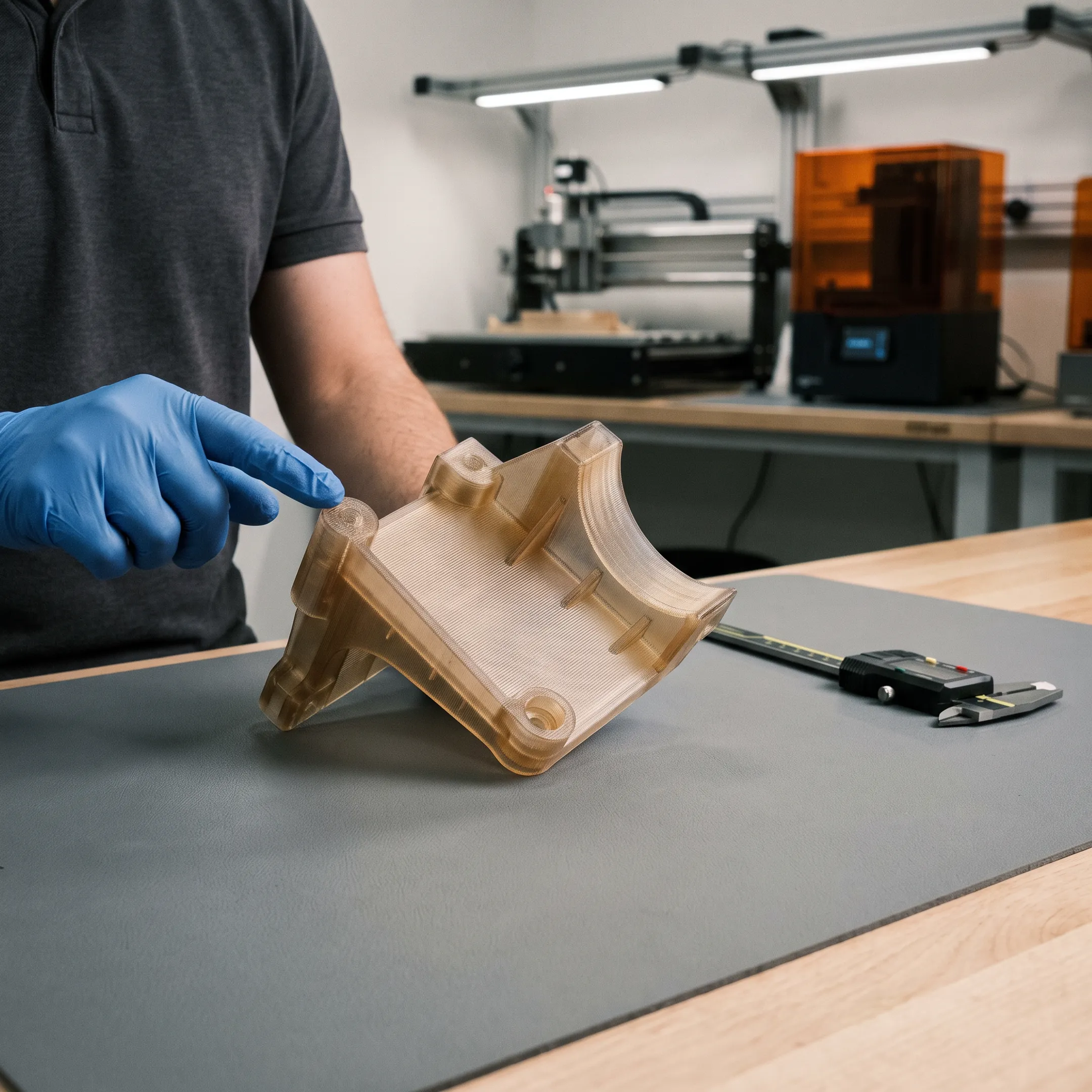 Custom automotive polycarbonate 3D printed component on a workbench