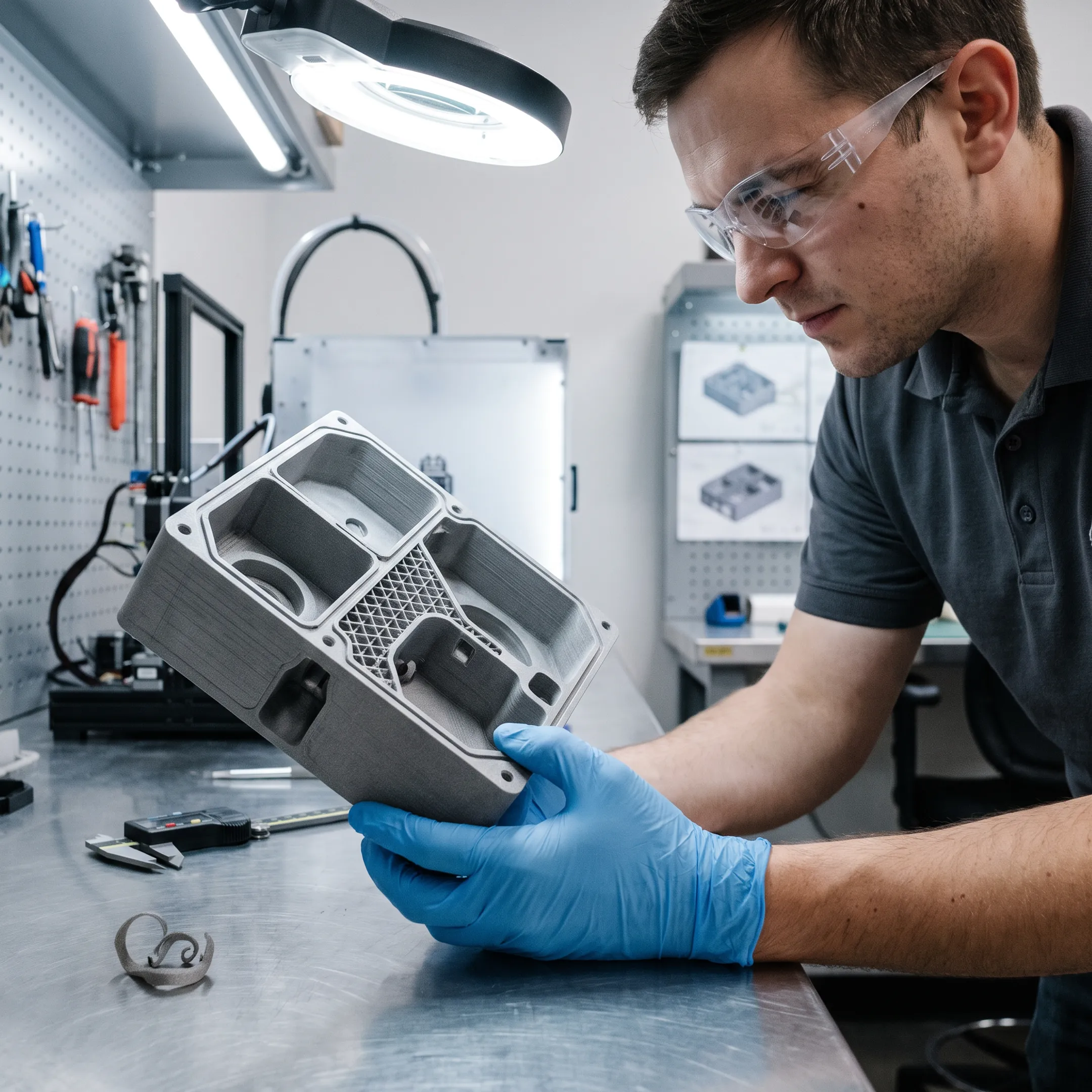 Technician inspecting a detailed 3D printed prototype