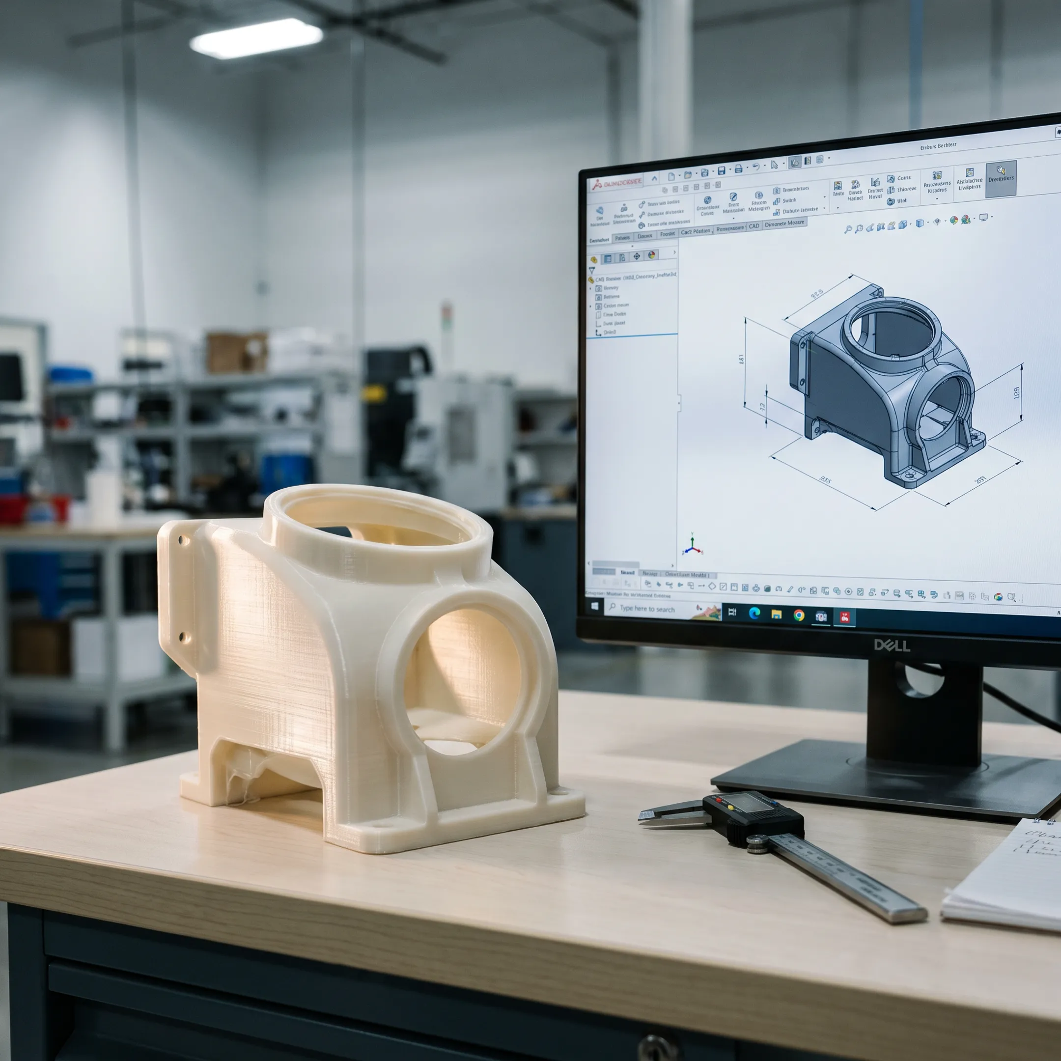 3D printed component beside a digital product design