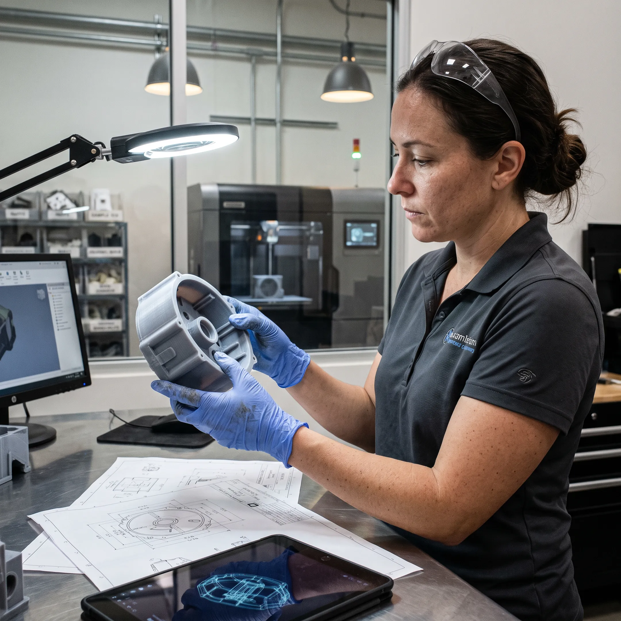 Technician reviewing a custom 3D printed prototype