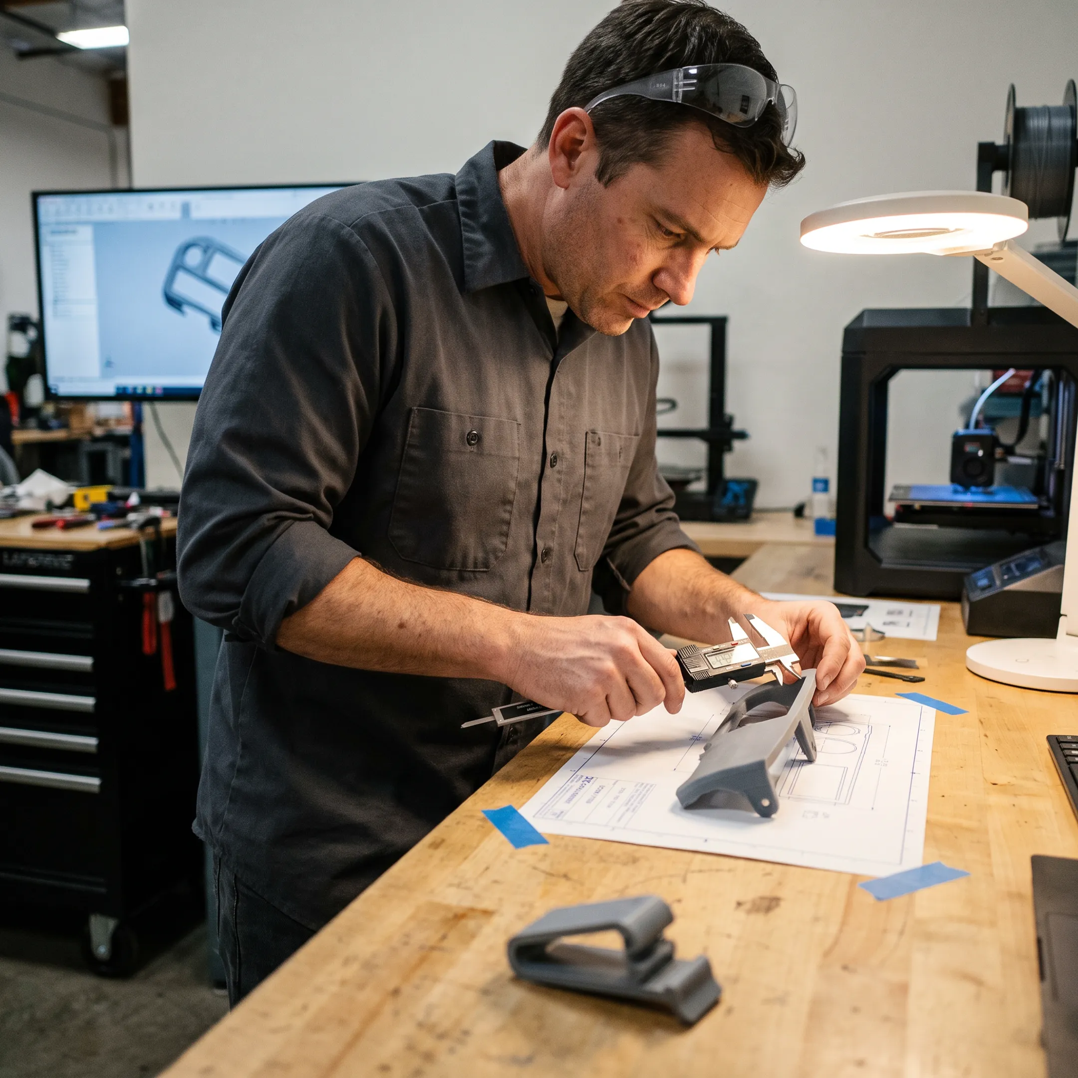 Automotive 3D printed prototype components on a manufacturing workbench