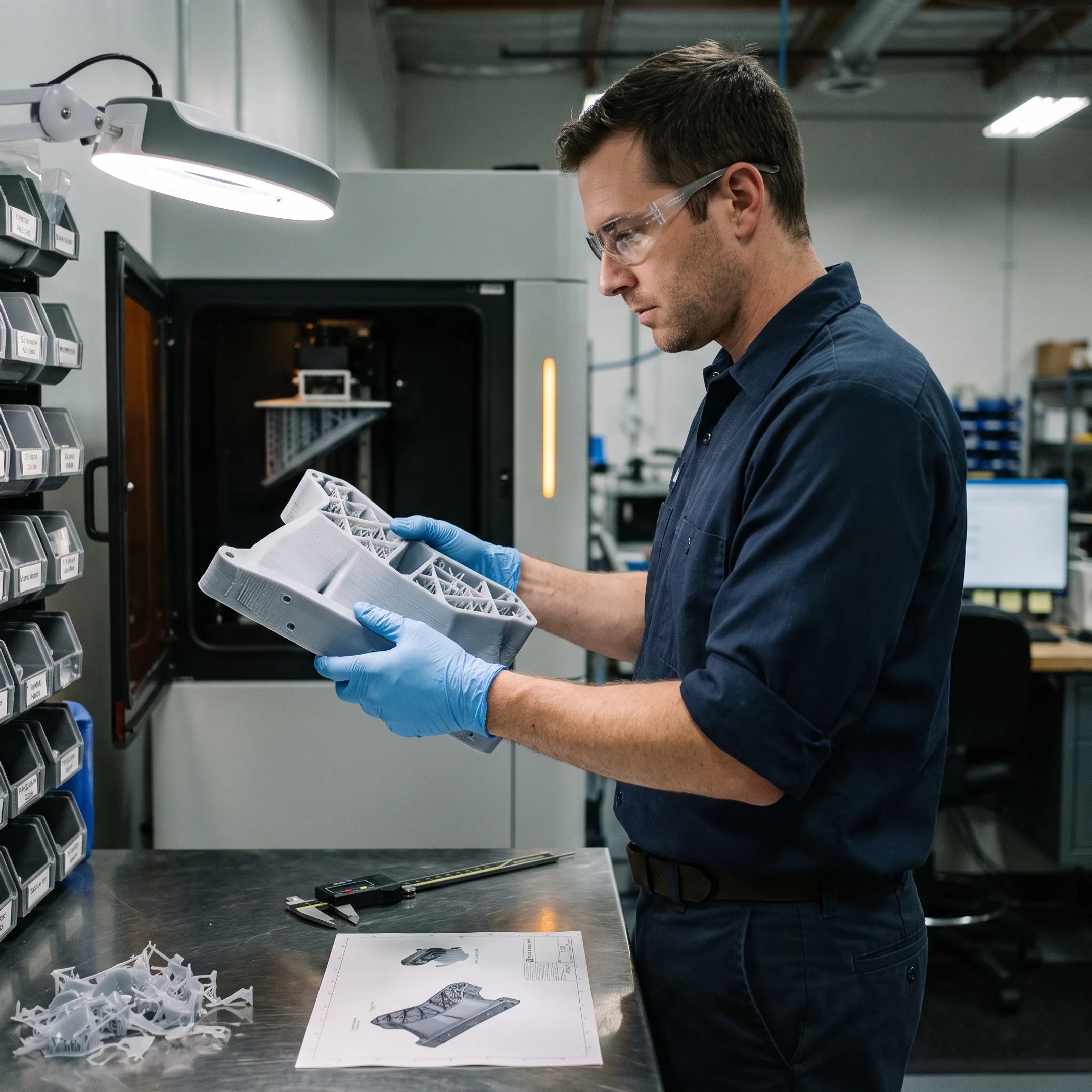 Automotive prototype component being reviewed beside a 3D printer