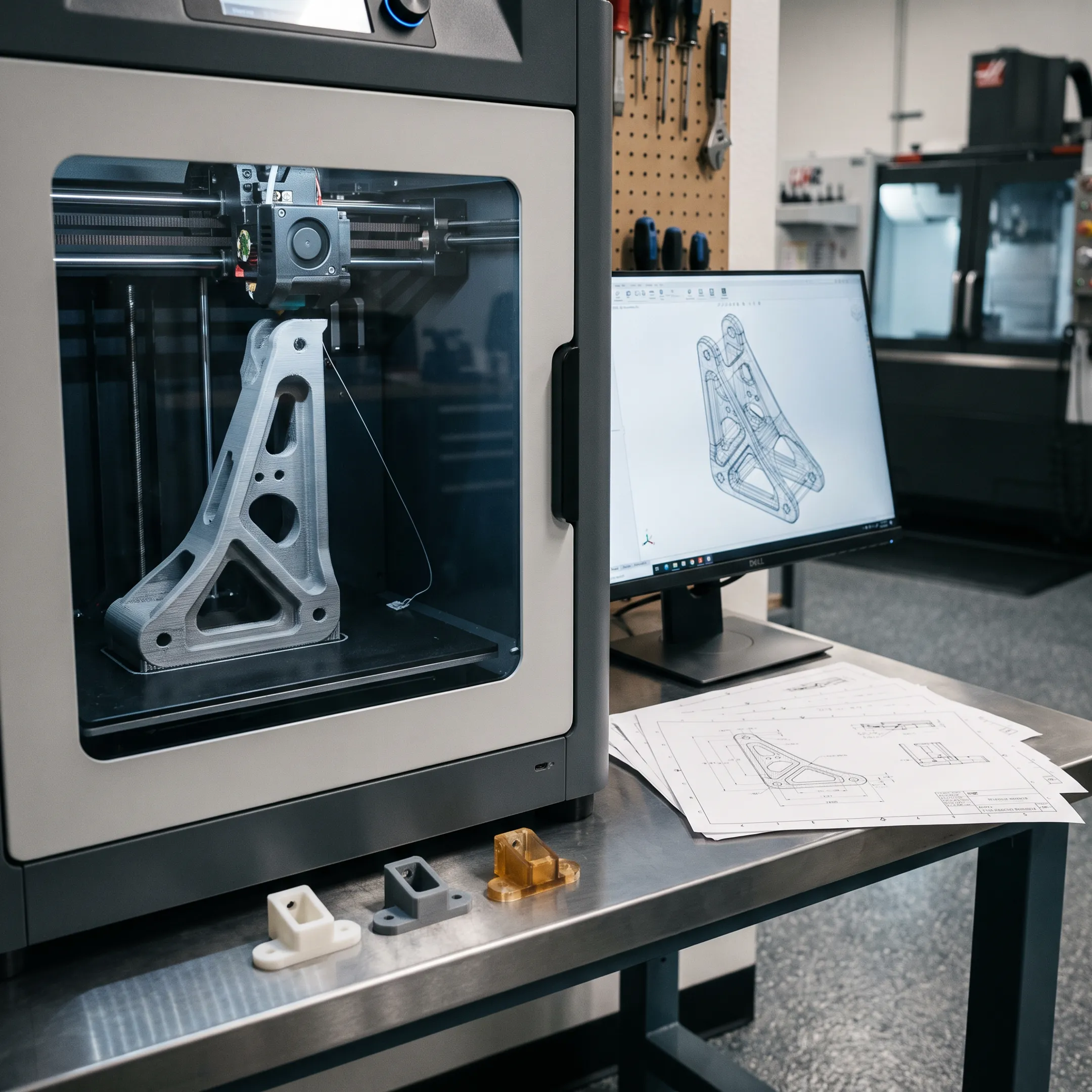 3D printer producing a detailed prototype component in a manufacturing facility