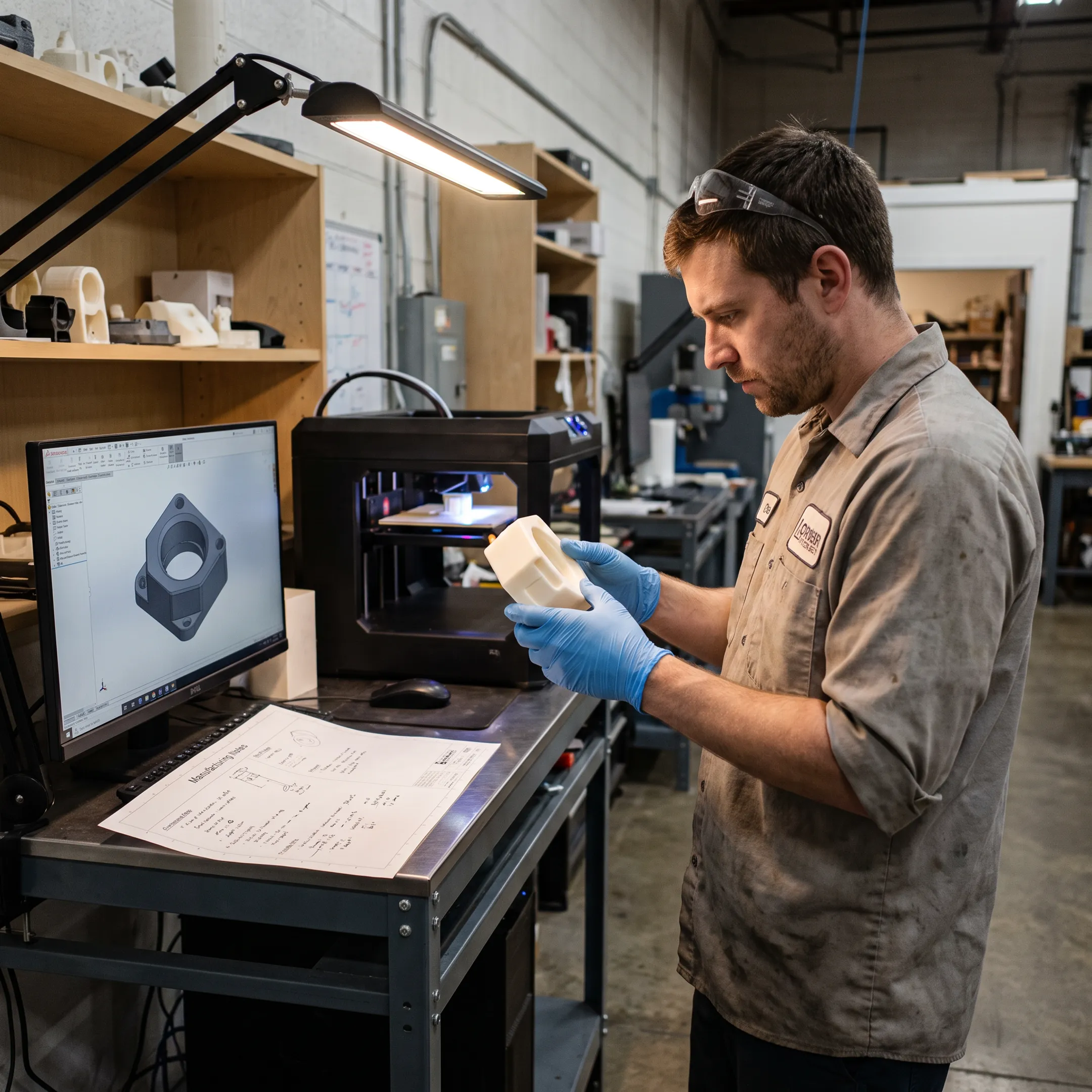 Engineer reviewing a 3D printed prototype beside a digital product model