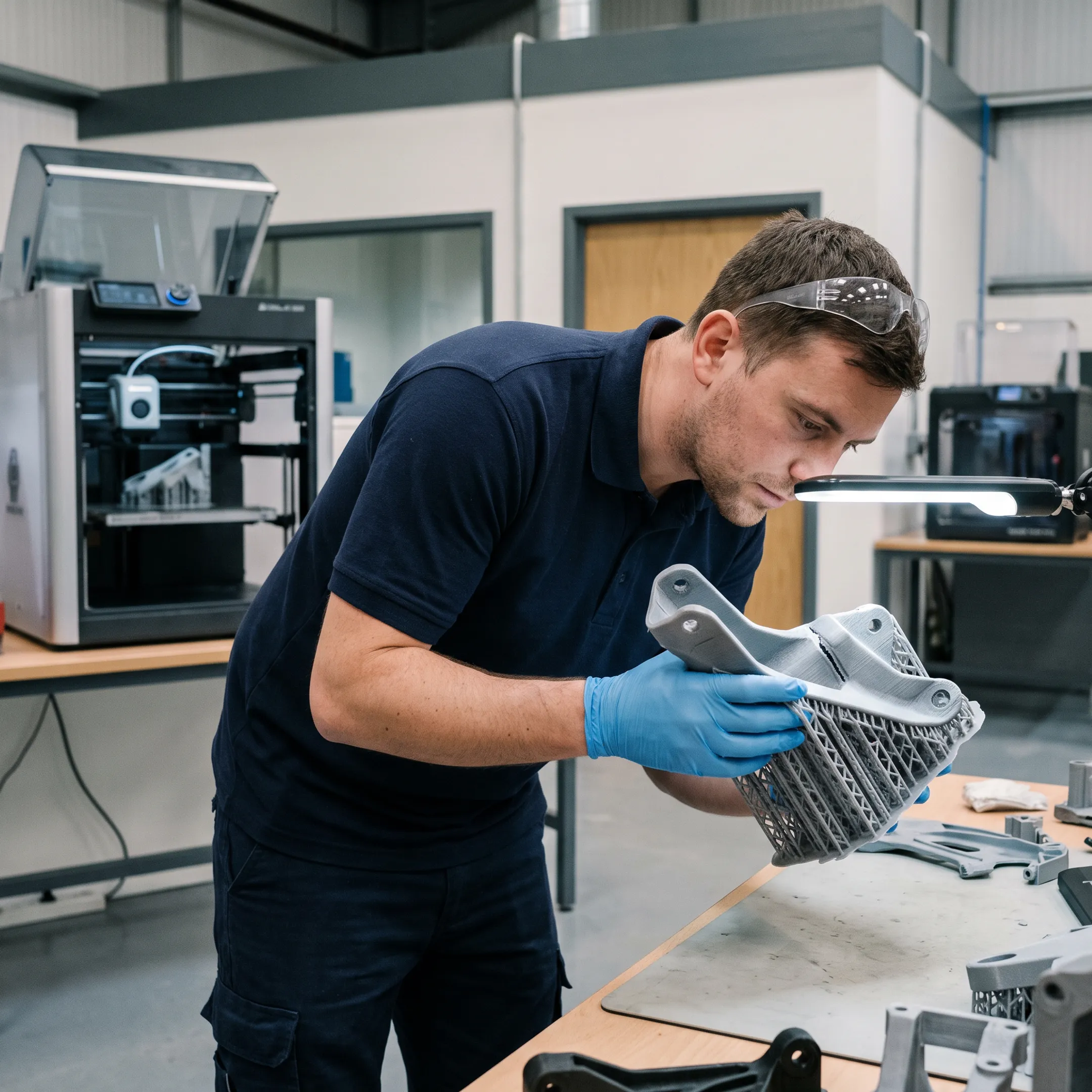 Additive manufacturing technician inspecting a detailed 3D printed component