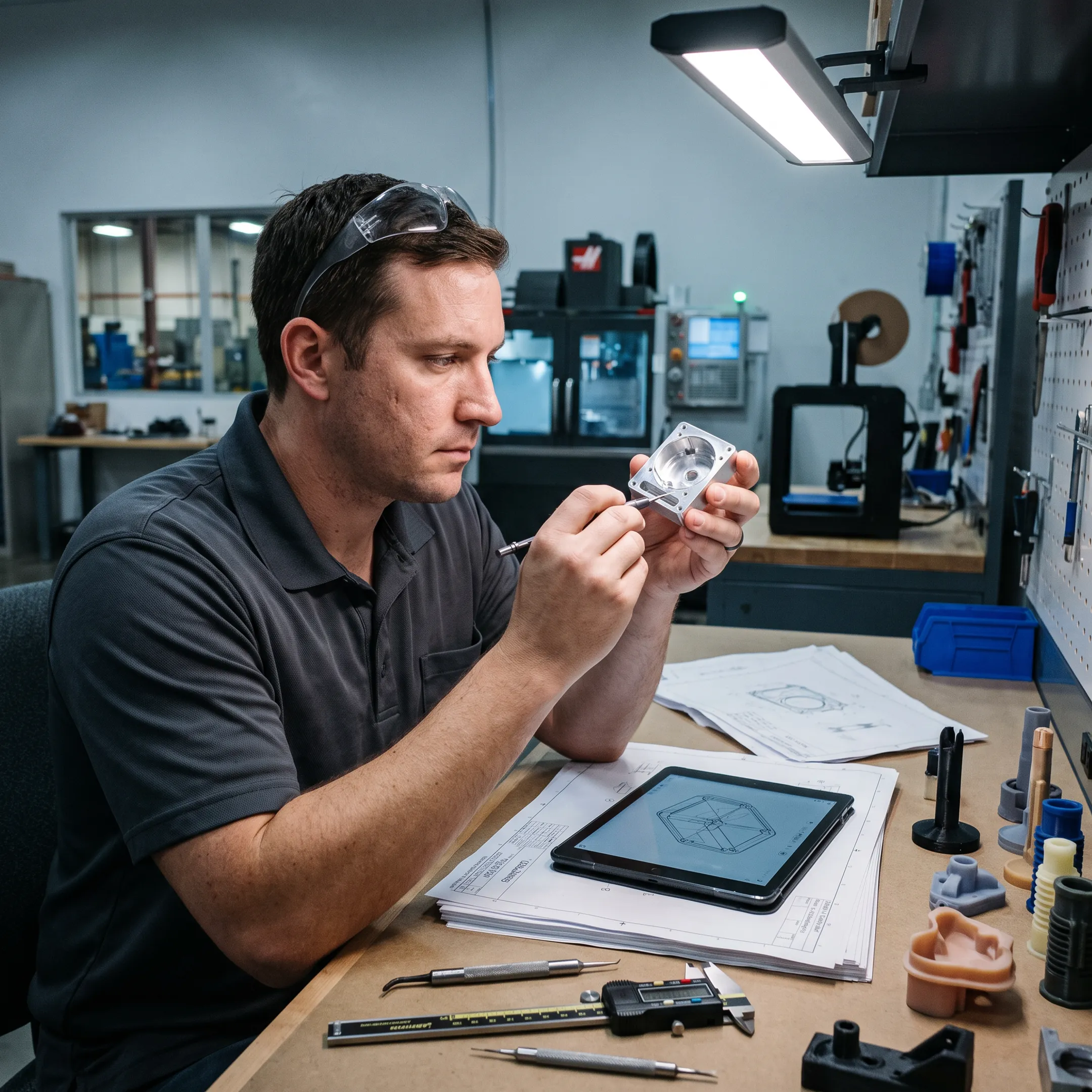 Engineer examining a finished prototype component