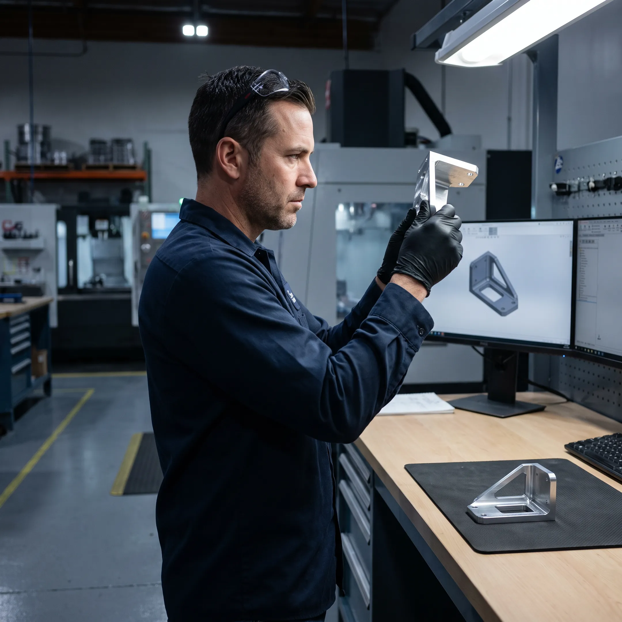 Engineer reviewing an aerospace prototype with a finished component