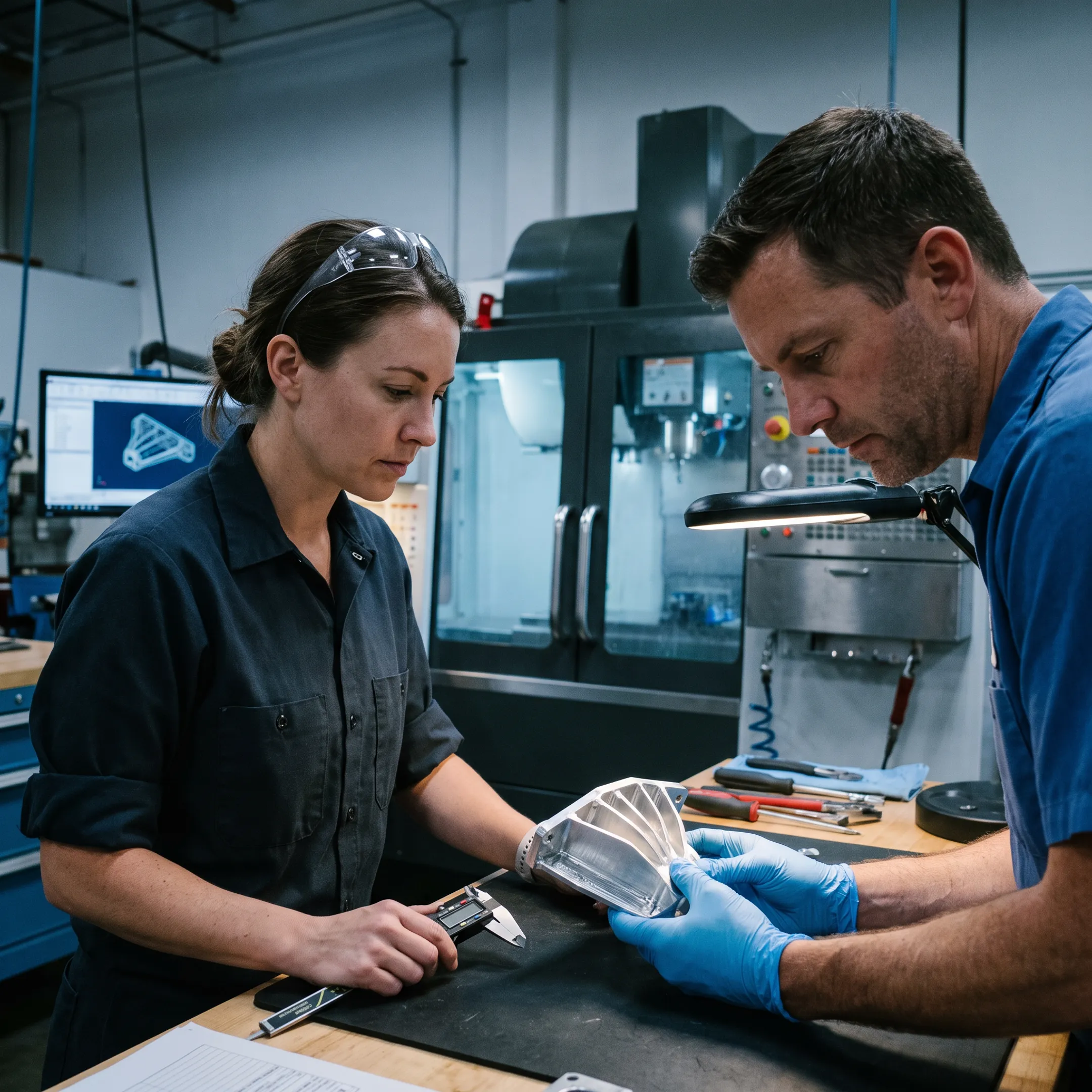 Aerospace component prototype being inspected beside CAD models and manufacturing equipment