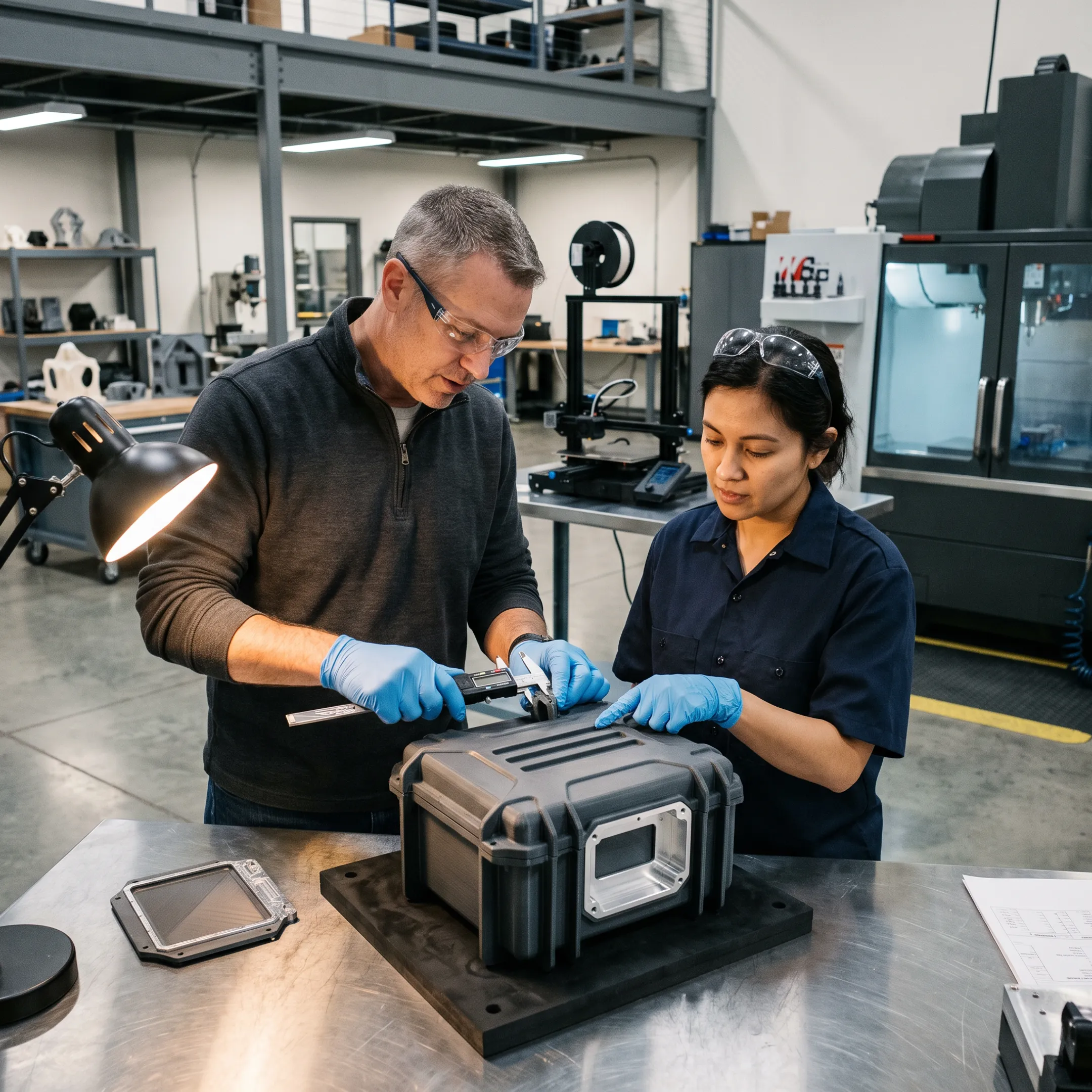 Engineer reviewing a defense prototype beside advanced manufacturing equipment