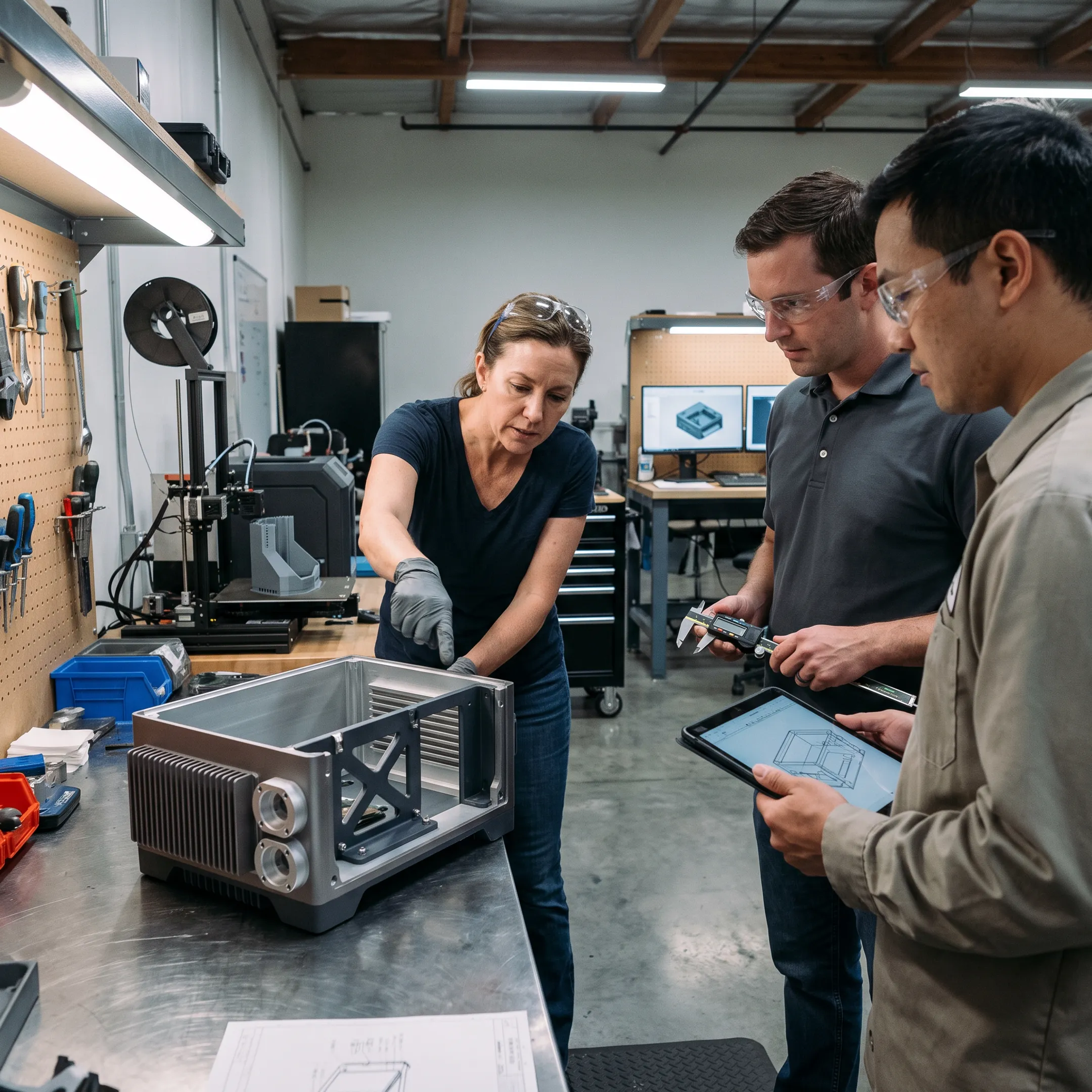 Engineer reviewing a defense prototype beside a 3D printer and CAD workstation
