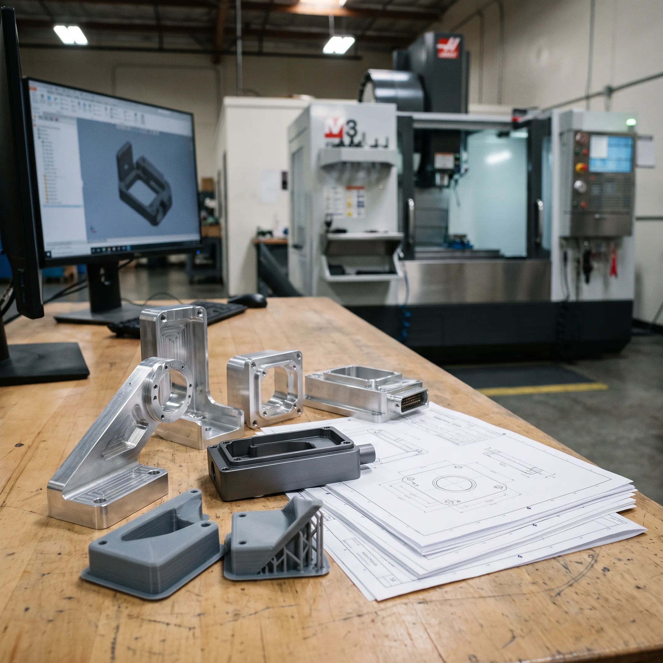 Defense prototype components arranged beside CAD drawings and manufacturing equipment