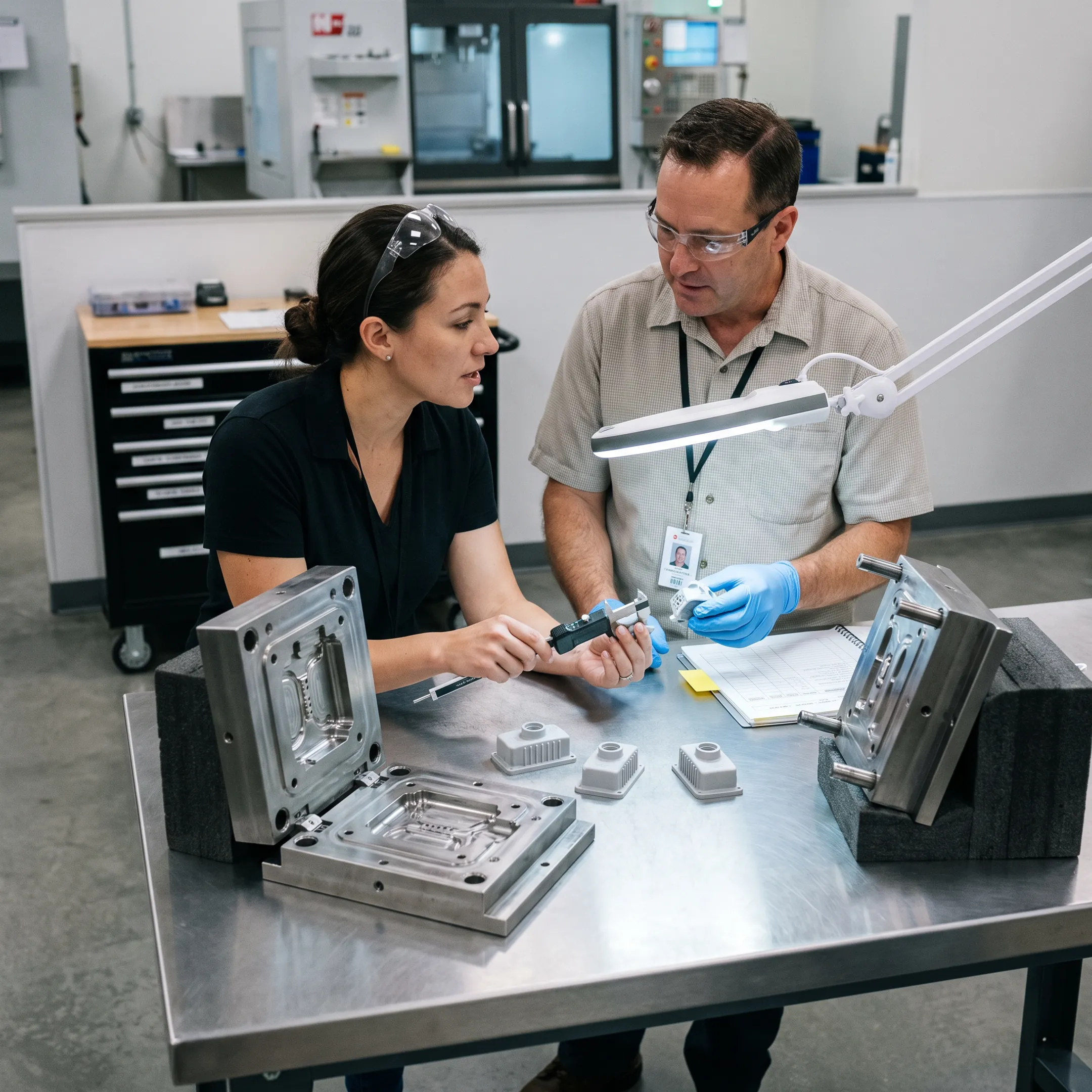 Aerospace prototype plastic component being evaluated beside injection molding tooling