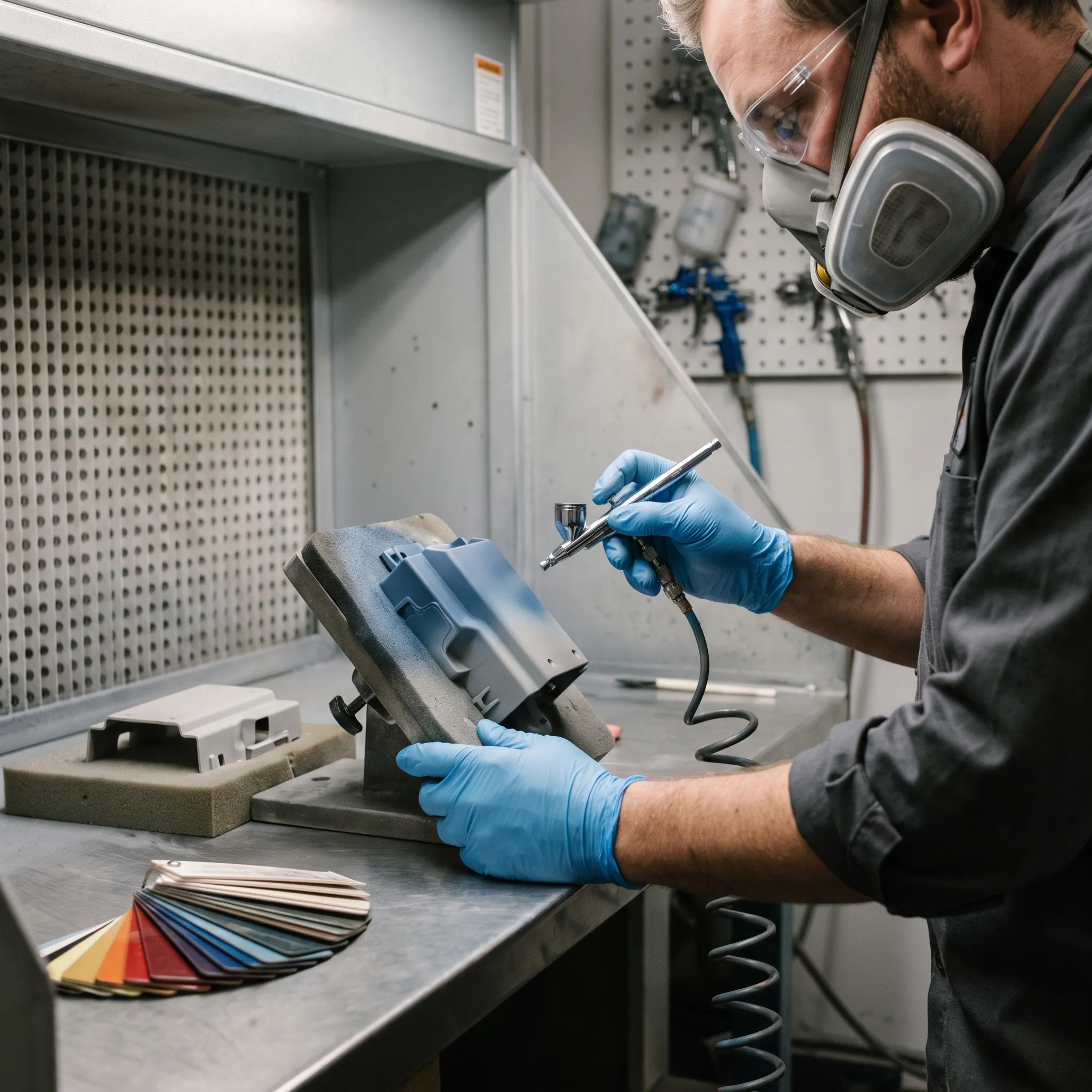 Technician applying a smooth finish to a detailed product prototype