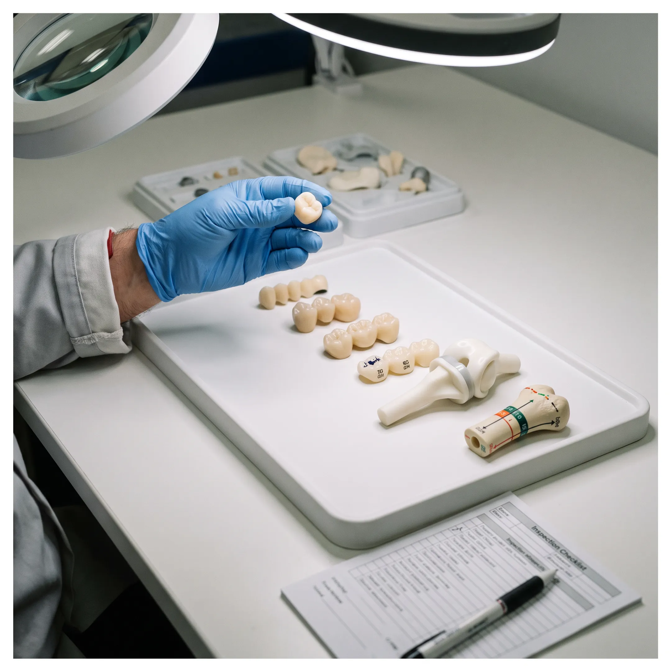 Finished dental and orthopedic product components displayed for review