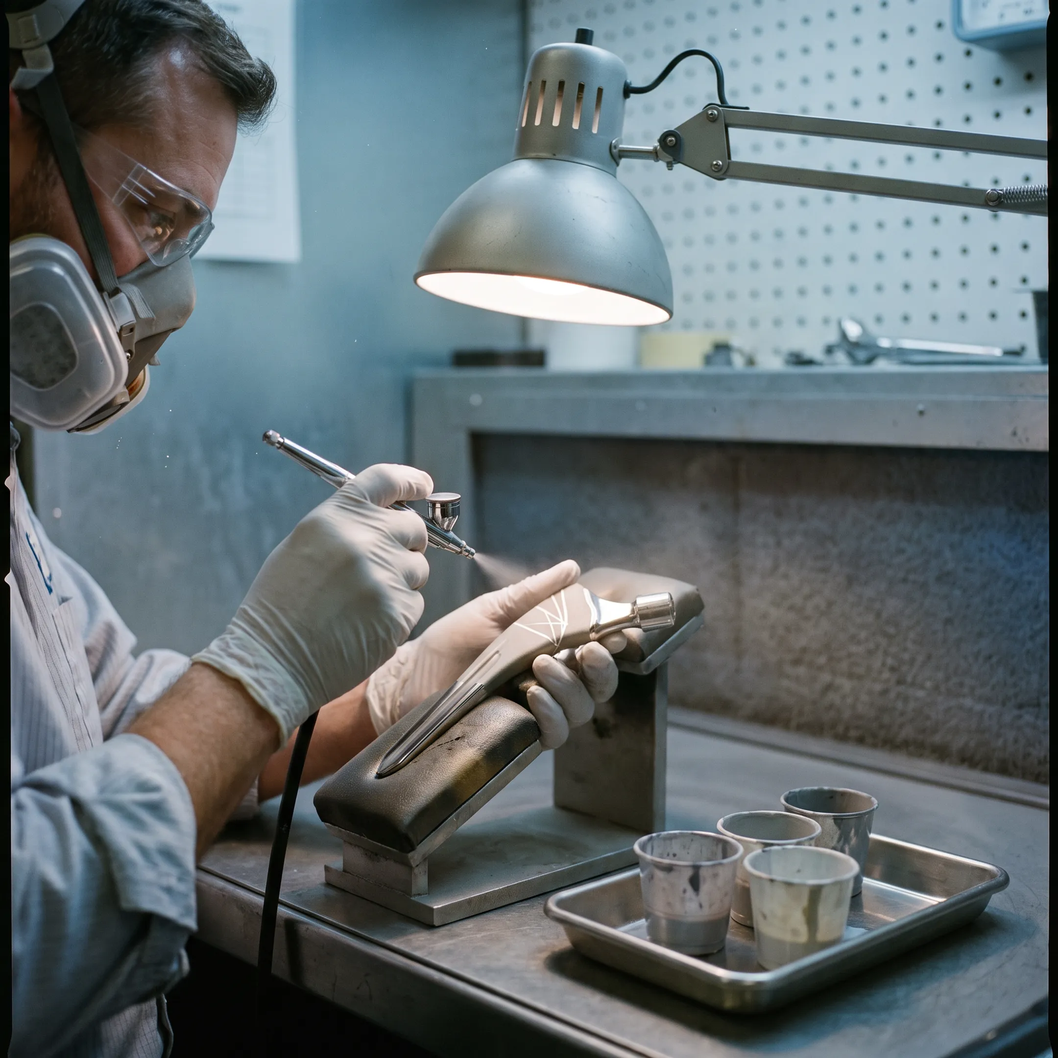 Technician applying a precise cosmetic finish to a medical device component