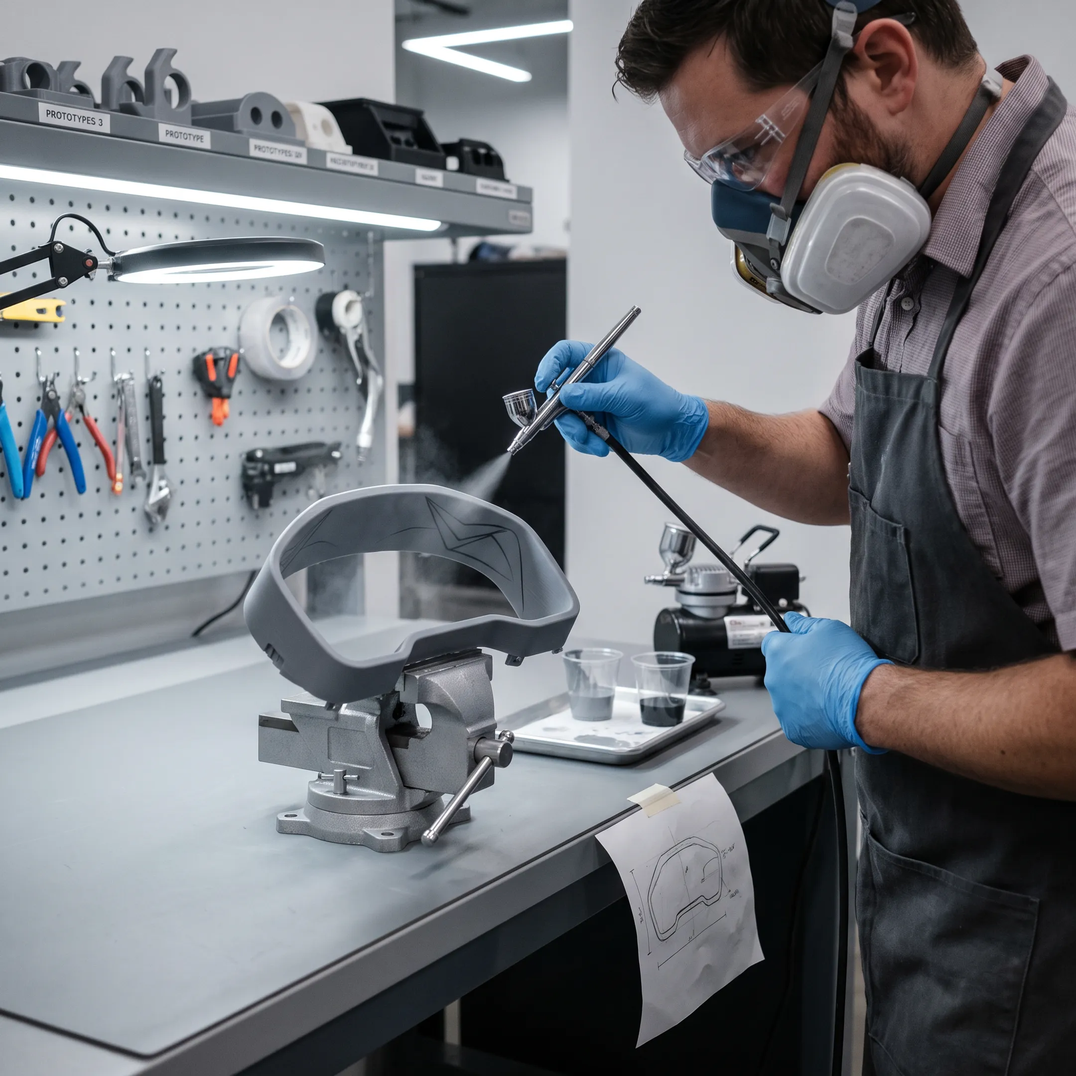 Technician applying cosmetic finishing to a detailed 3D-printed product component