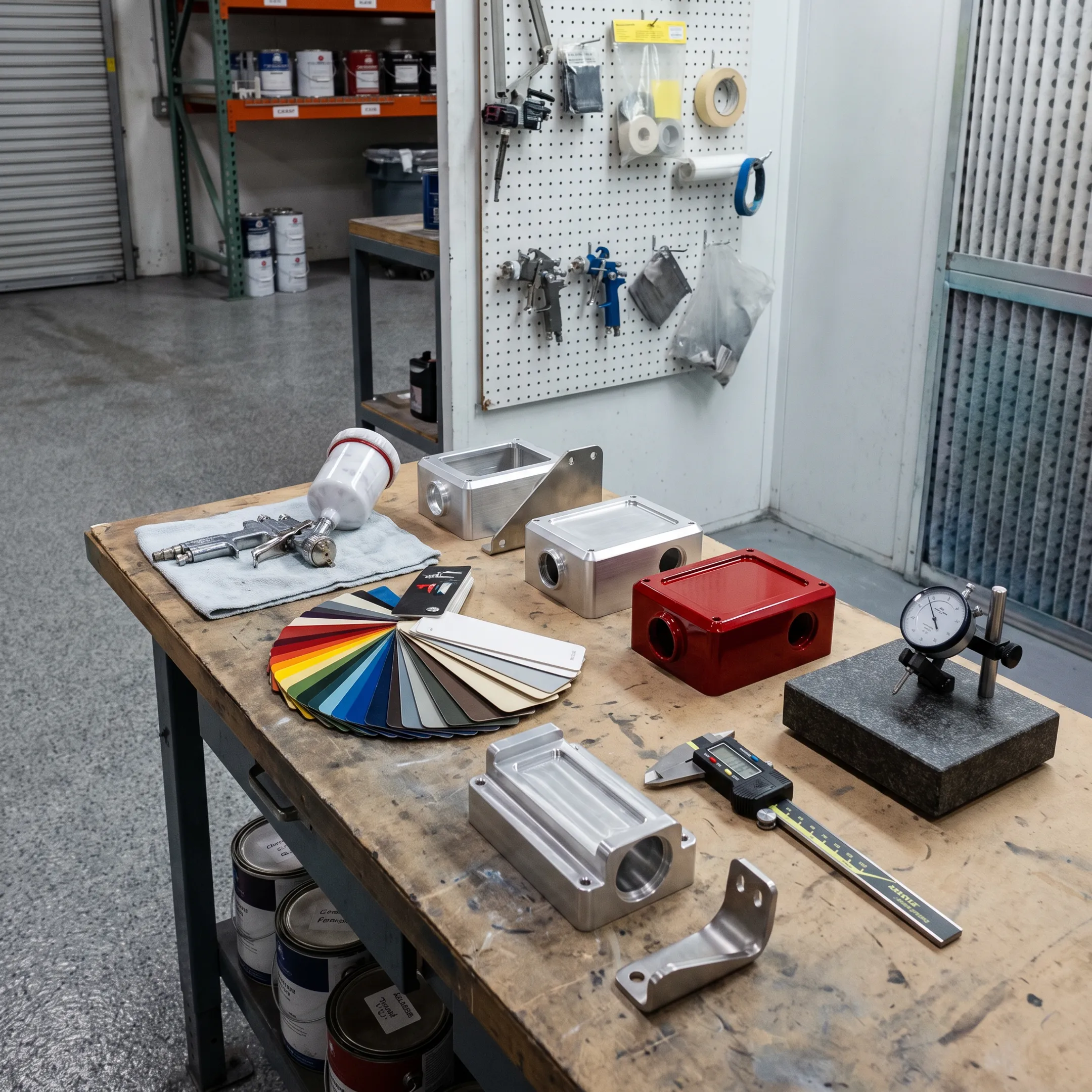 Painted machined component beside finishing tools and product samples