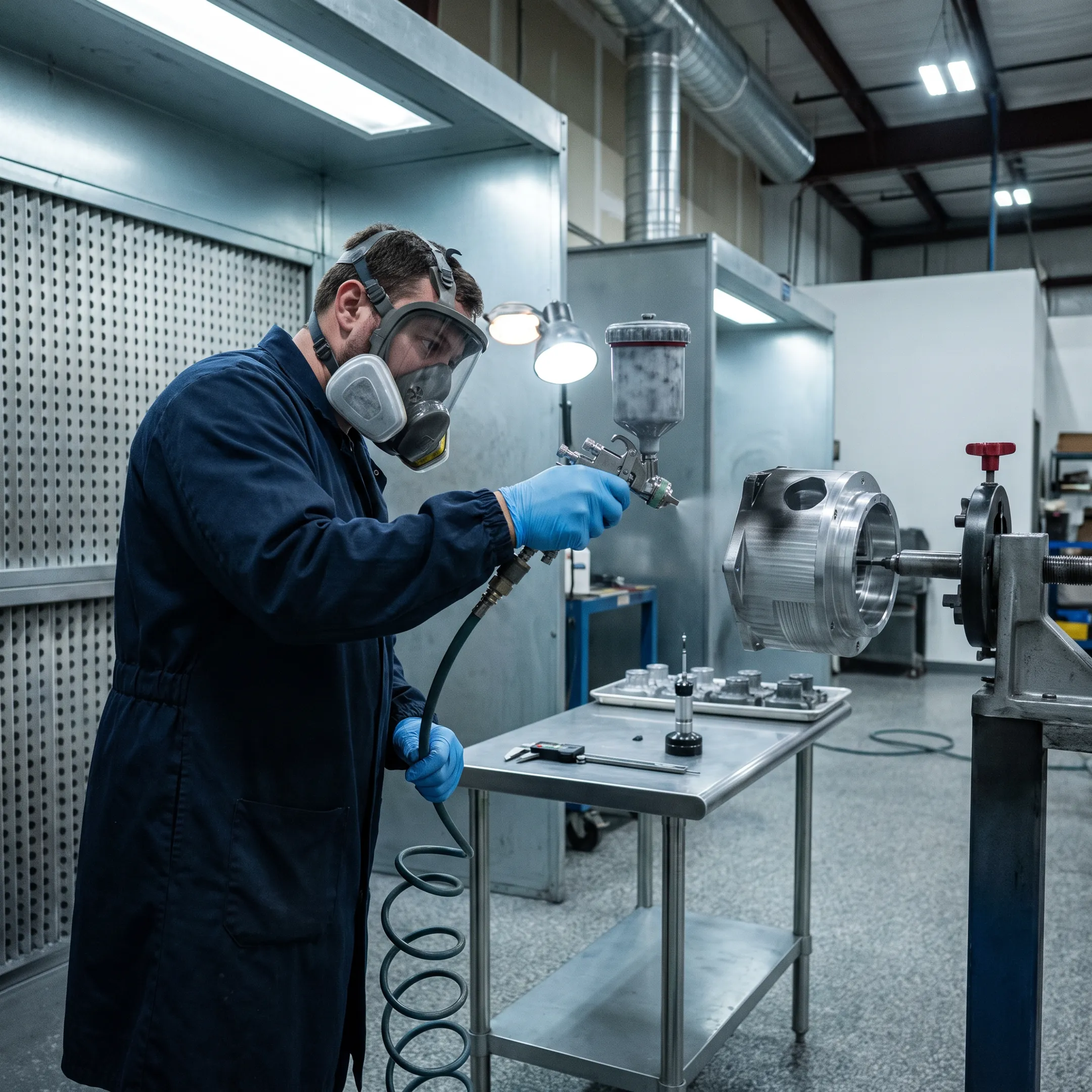 Technician applying a smooth painted finish to a precision machined part