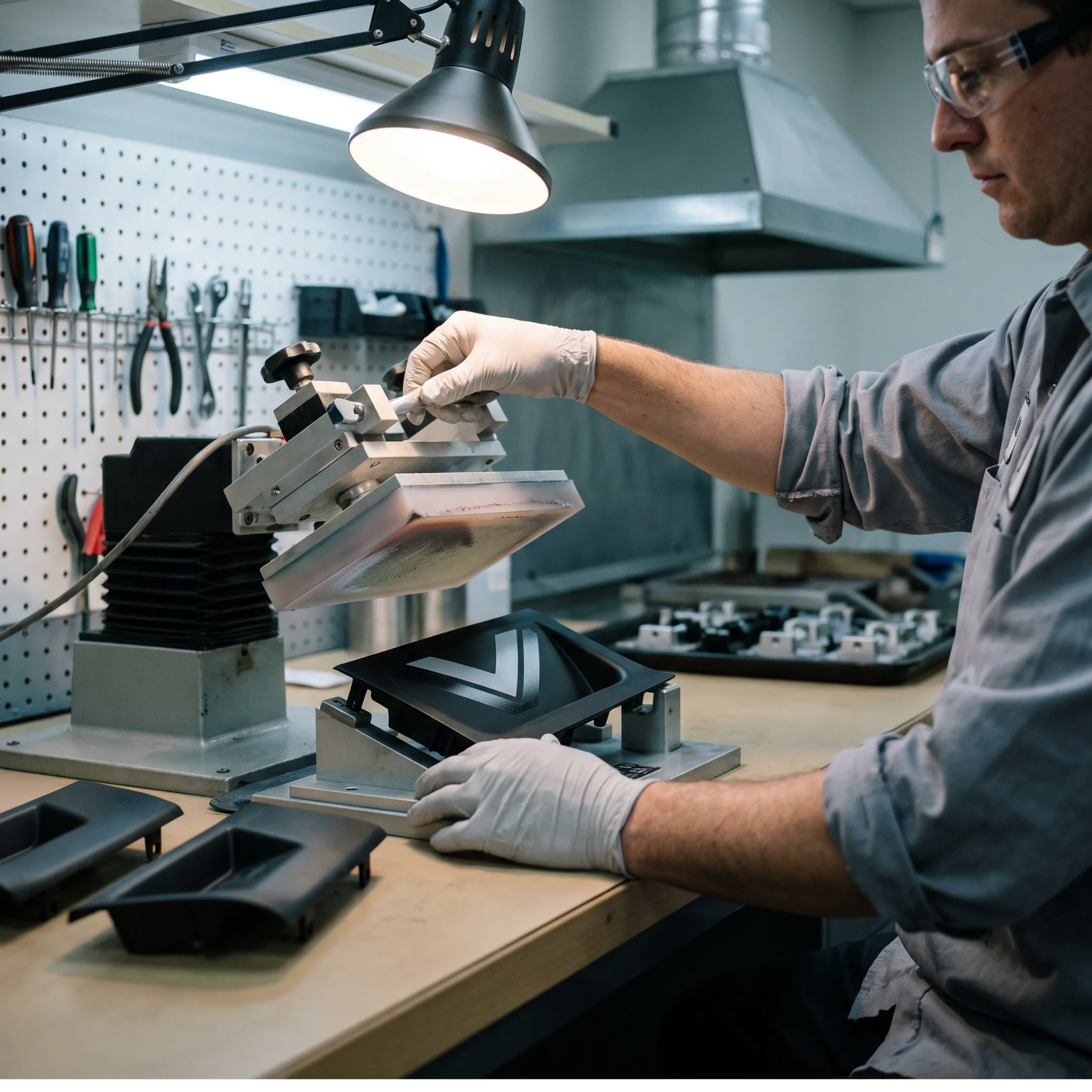 Technician applying custom graphics to a manufactured product component