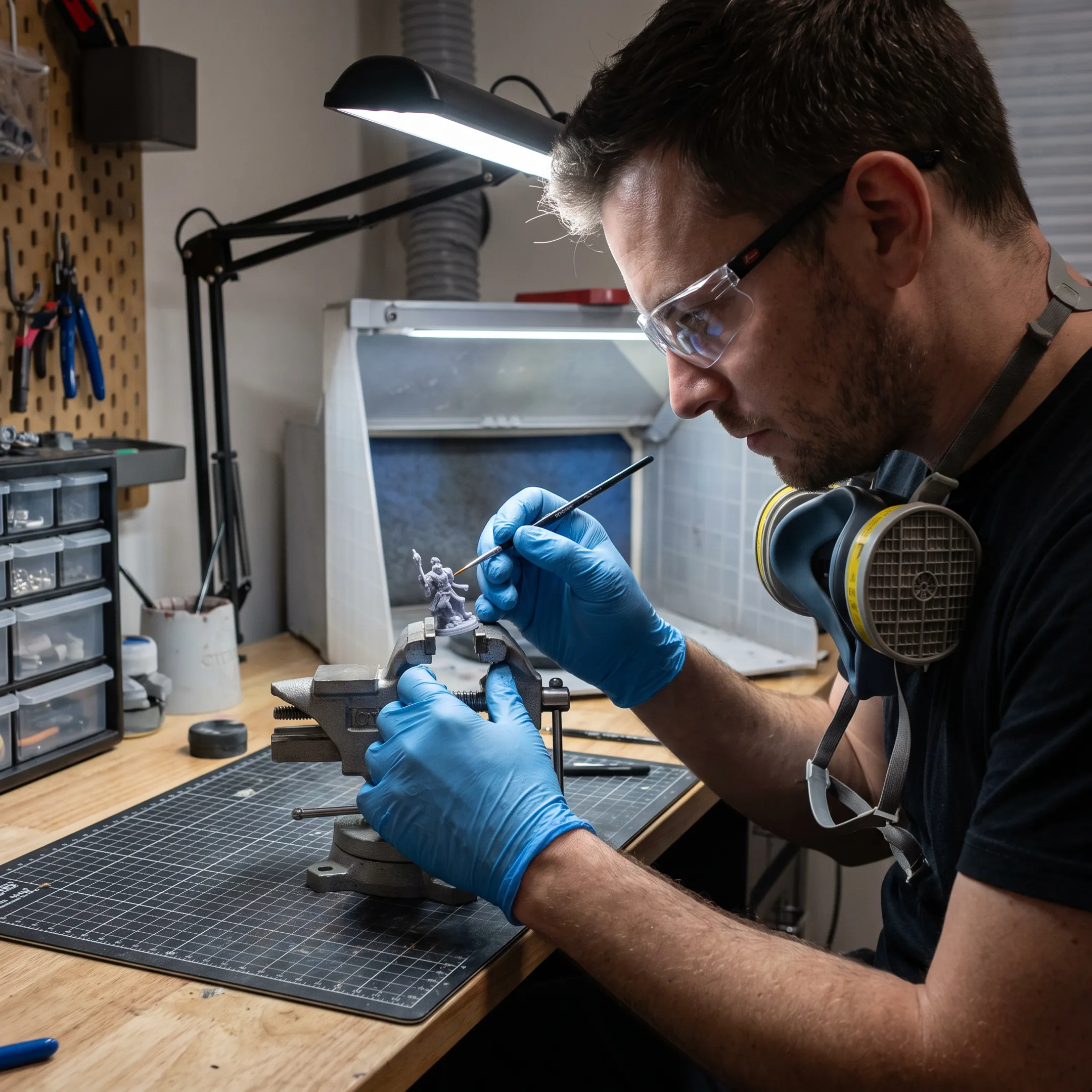 Technician painting a detailed 3D printed model beside finished prototype components