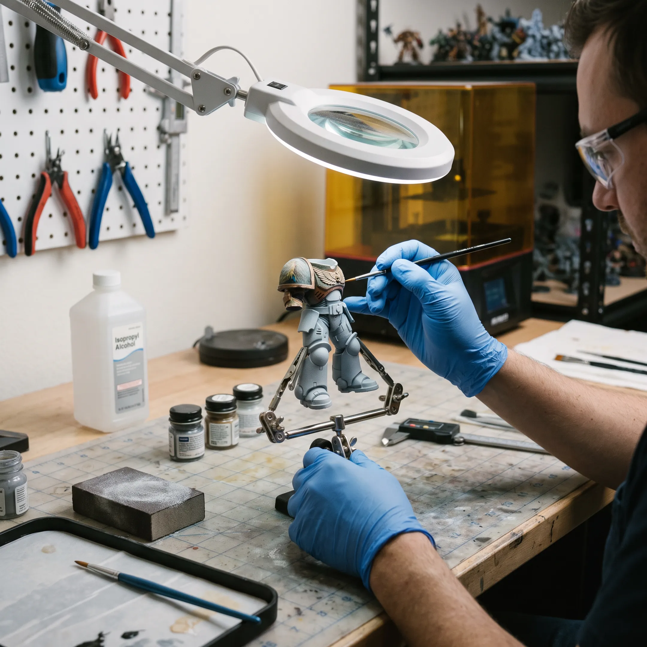 Detailed painted miniature model beside a 3D printer in a product development studio