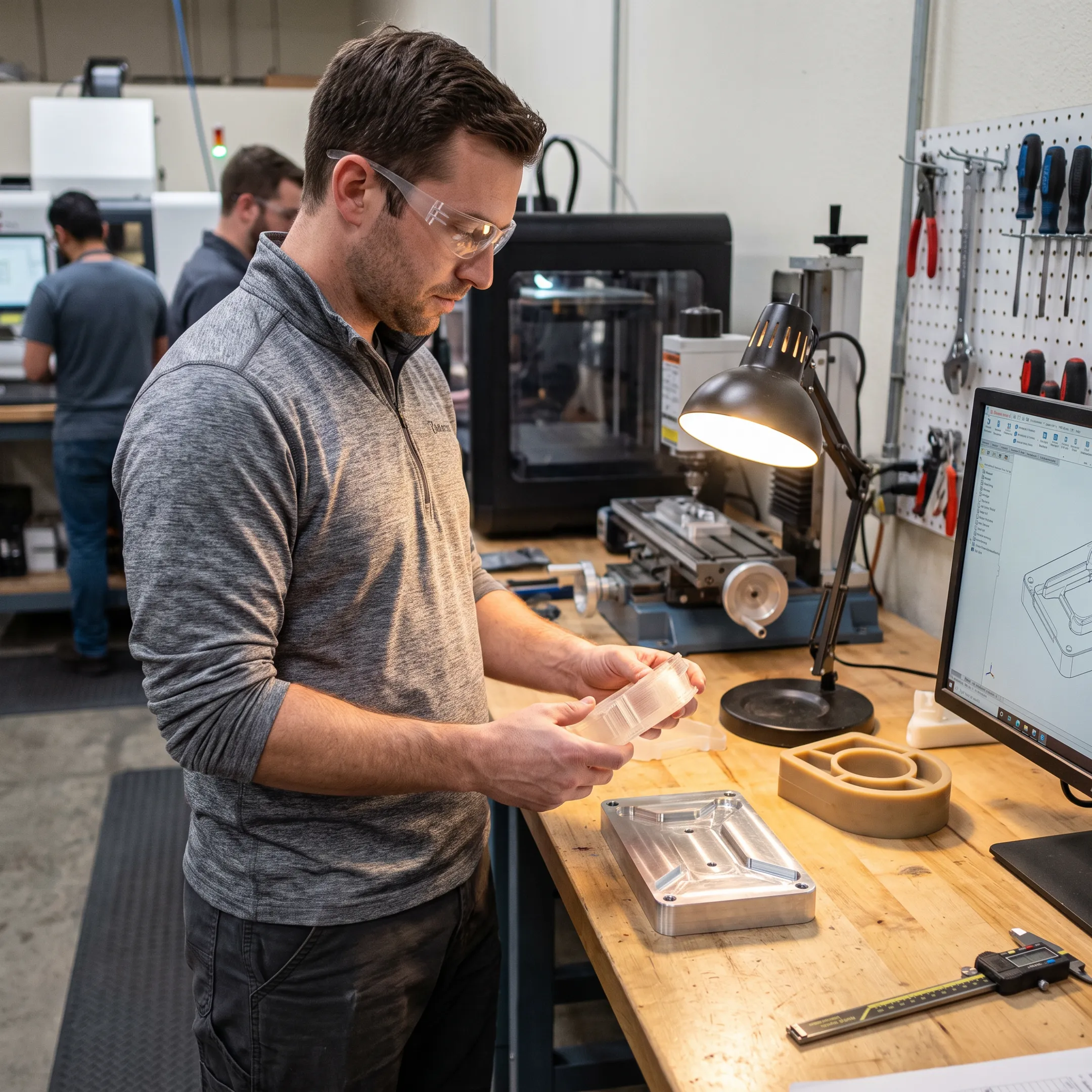 Engineer reviewing low volume manufactured prototypes and CAD designs