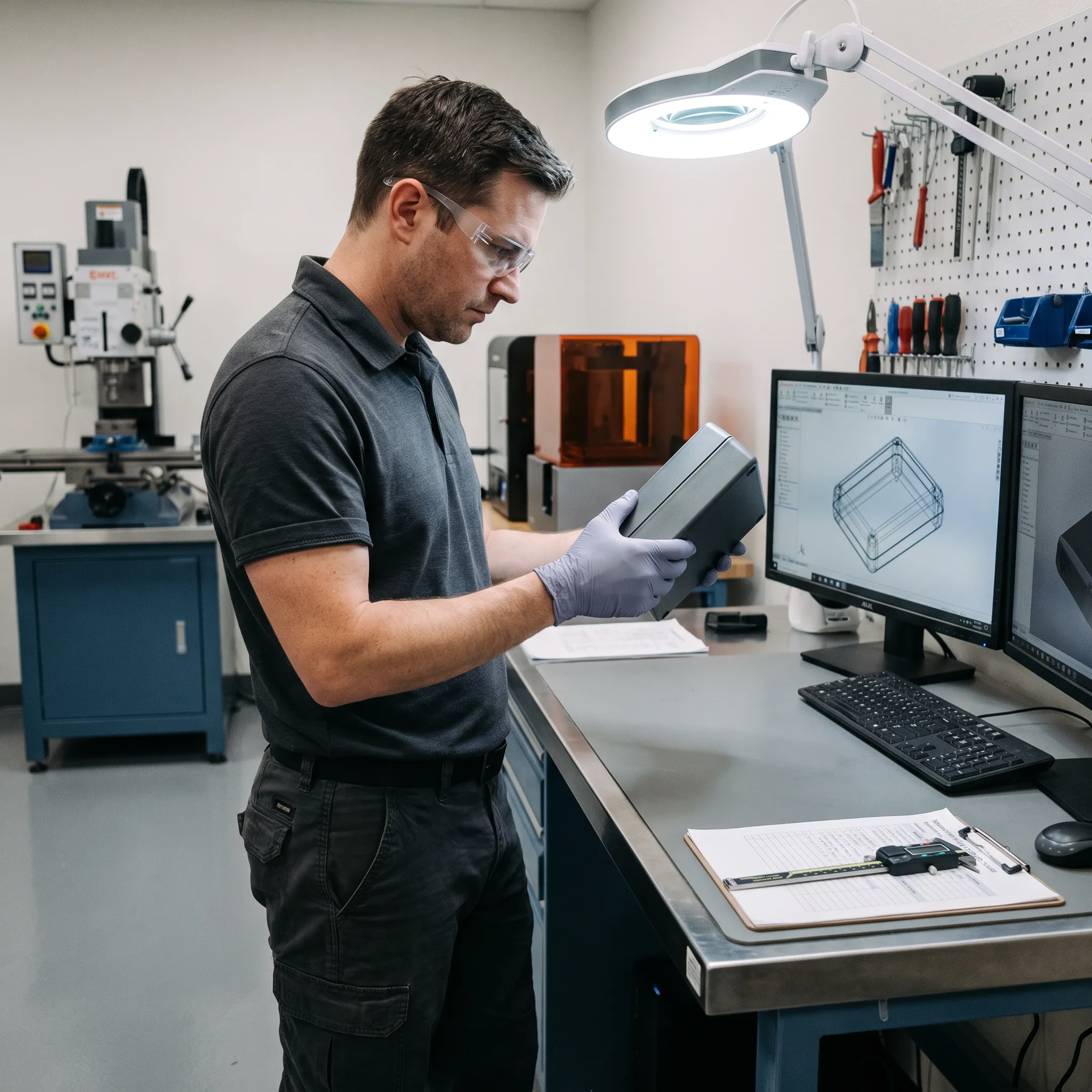 Technician inspecting a custom electronics enclosure prototype in a manufacturing facility