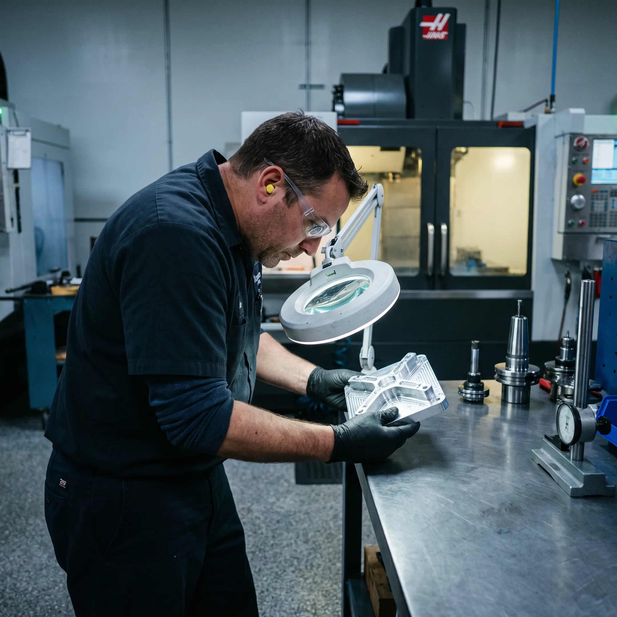 Technician inspecting a CNC machined master pattern