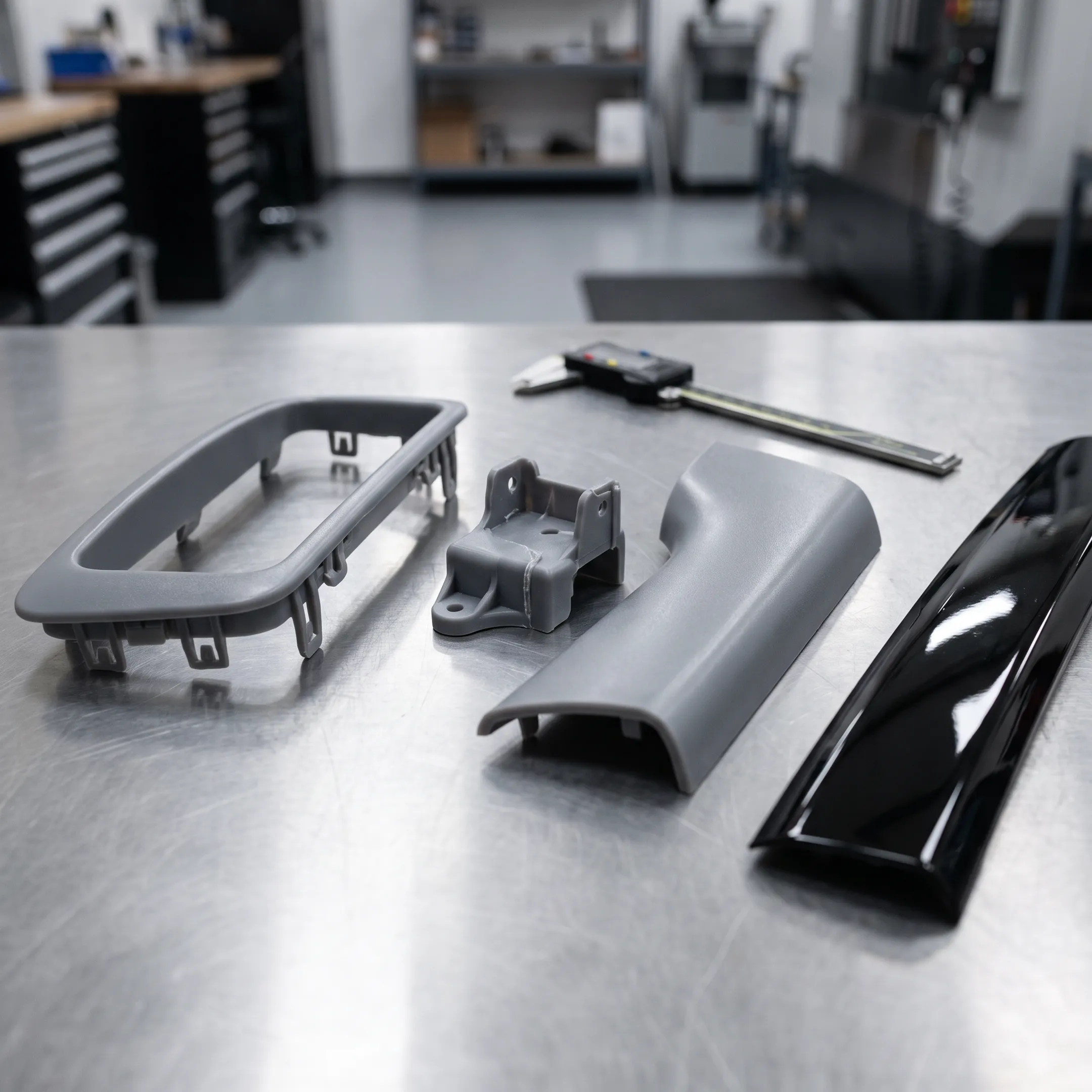 Automotive urethane prototype parts arranged beside a finished vehicle component