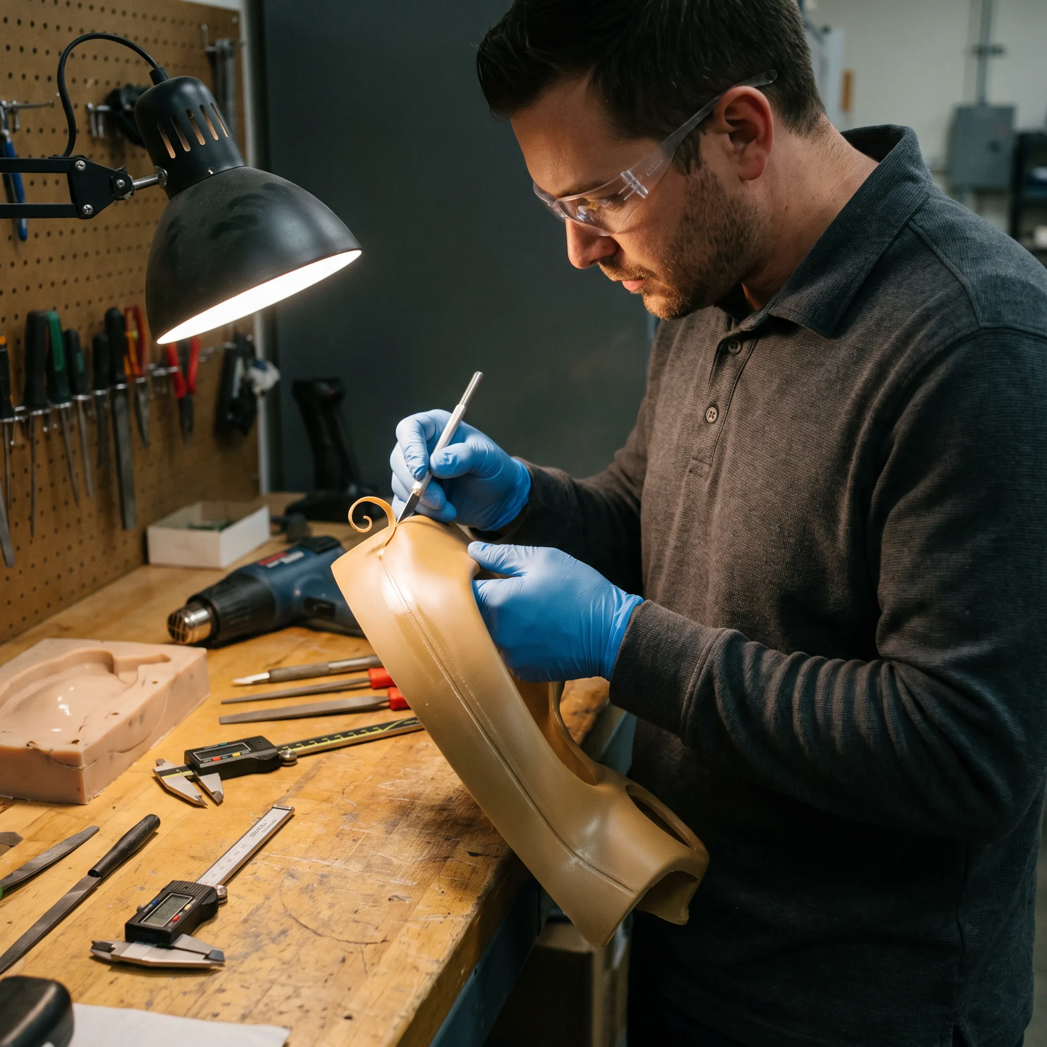 Technician inspecting a urethane-cast automotive prototype component