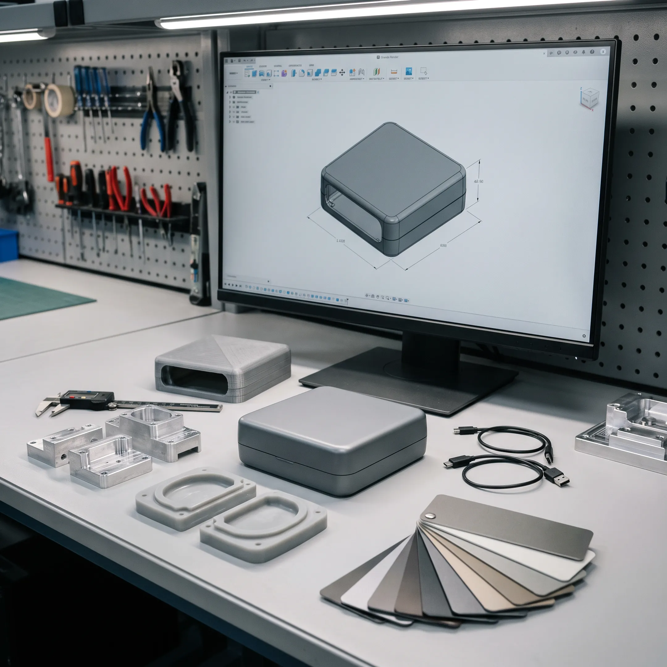 Consumer electronics prototype with CAD model and finished product components