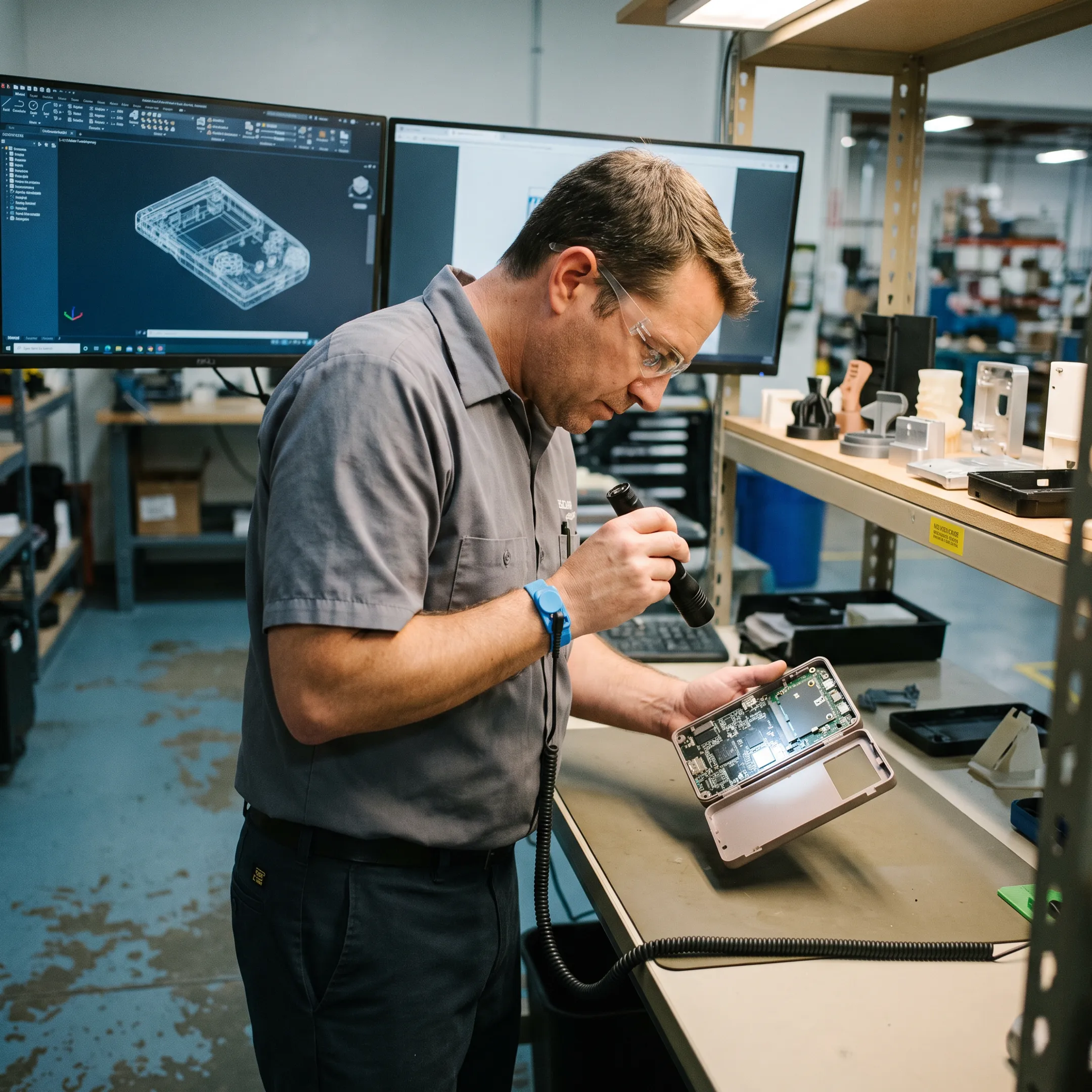 Engineer reviewing a consumer electronics prototype beside CAD models and manufacturing components