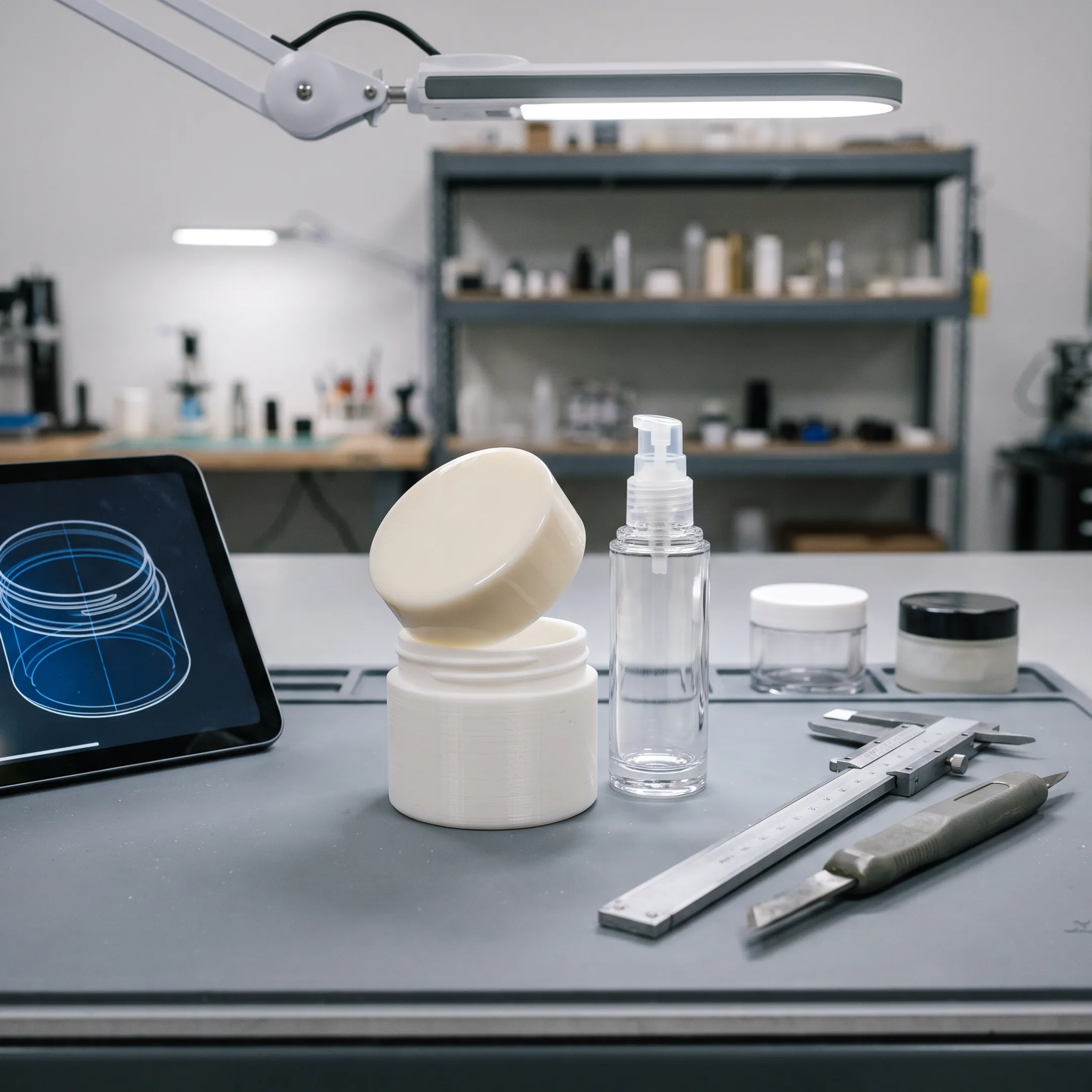 Custom cosmetic packaging prototype displayed beside design tools and manufacturing components