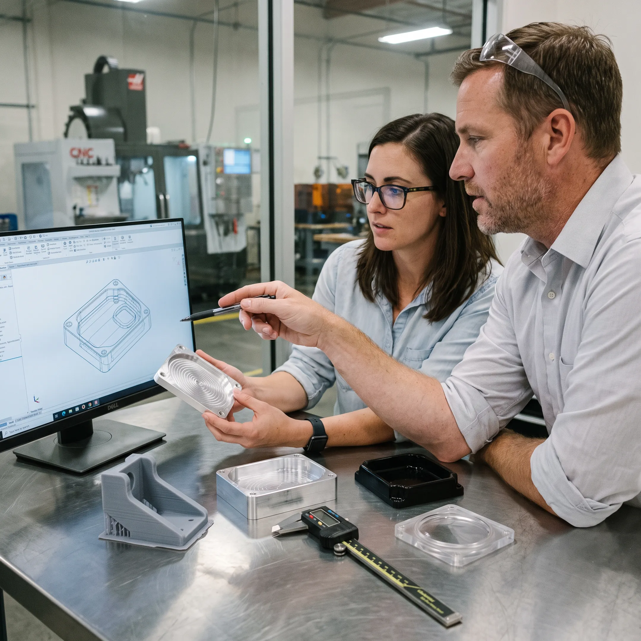Prototype manufacturing team reviewing a product model in a San Diego facility