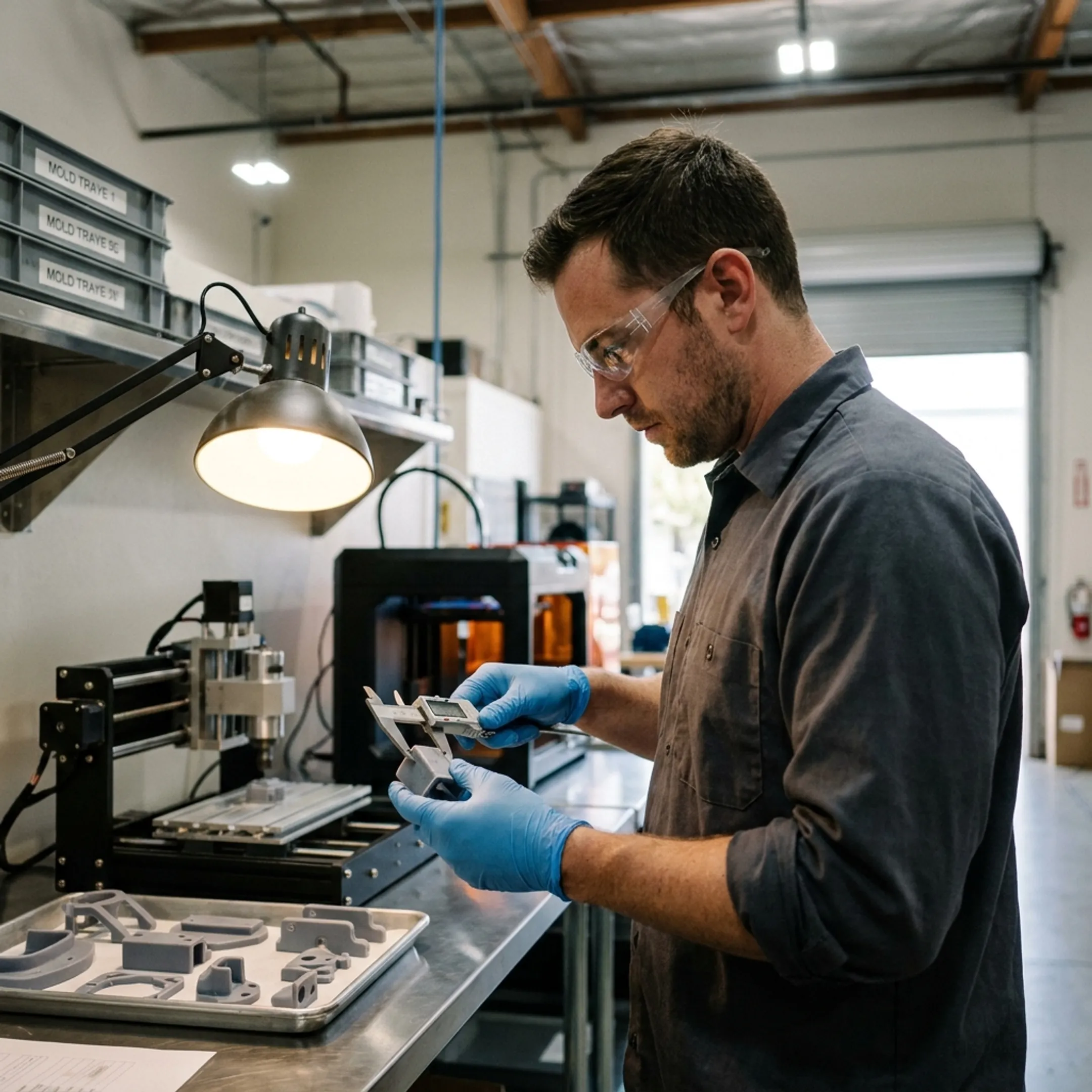 Technician reviewing a prototype component beside manufacturing equipment