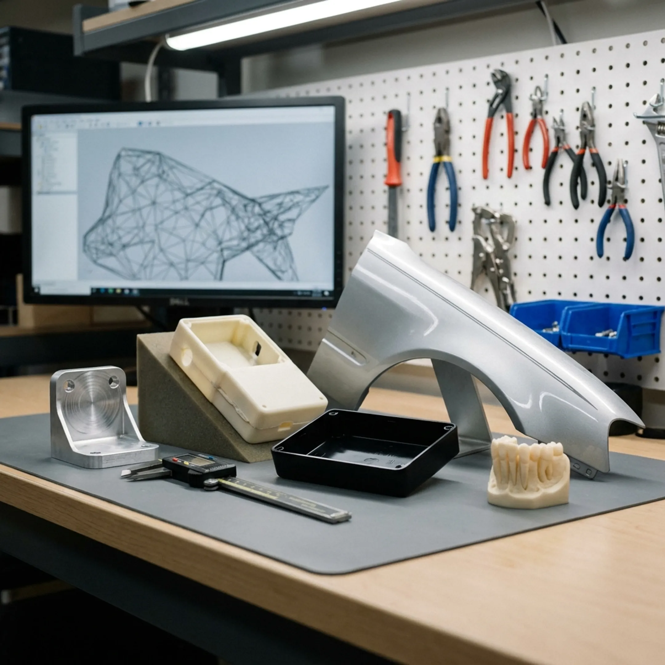 Prototype and production components arranged on a workbench