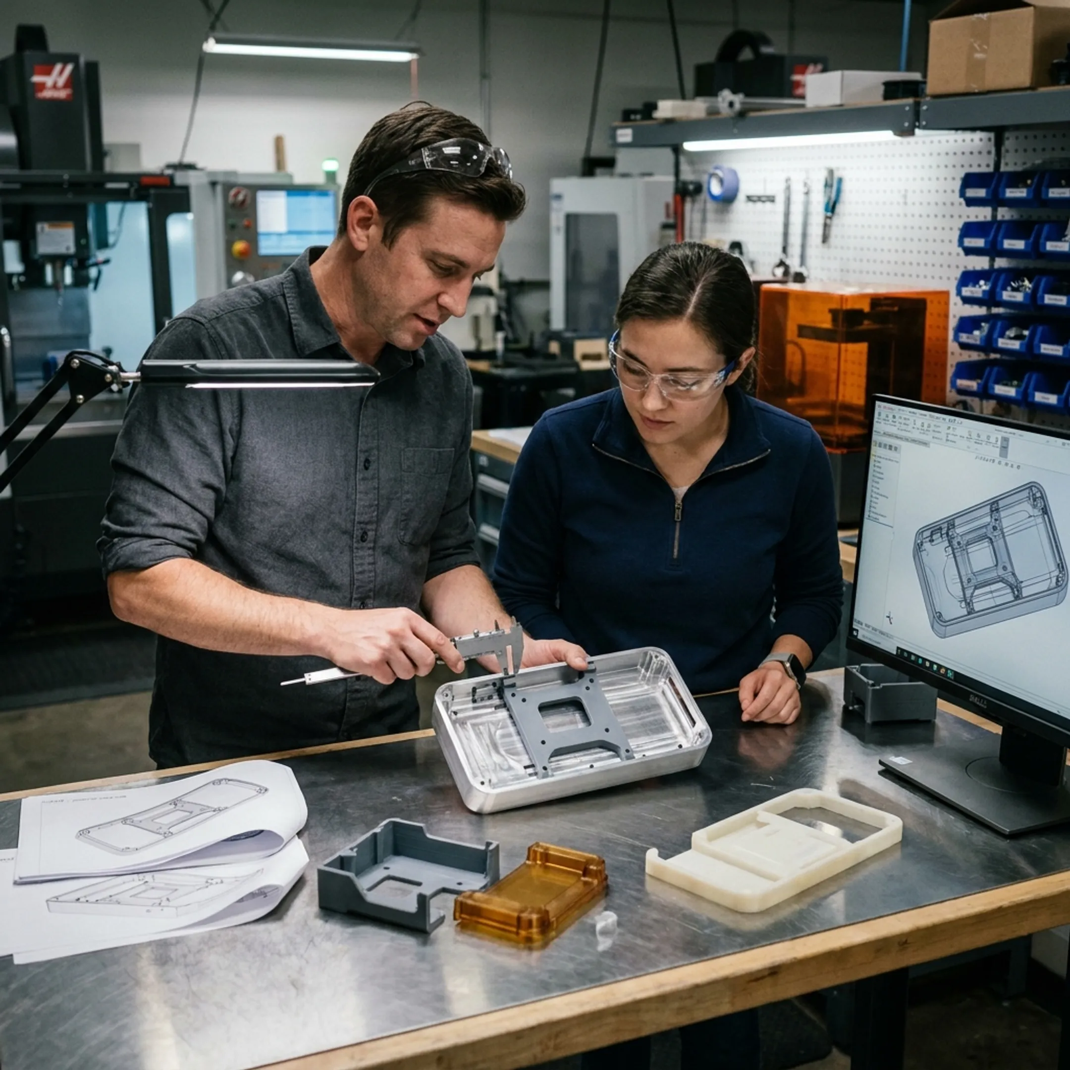 Engineered consumer product prototype being reviewed beside CAD models and manufacturing tools
